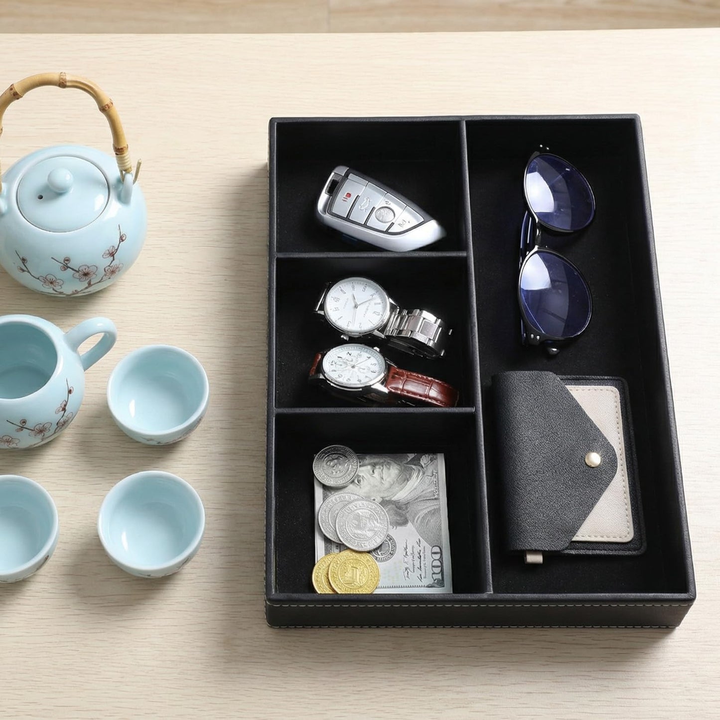 Giloaou 3 Pieces Faux Leather Valet Tray Set, Stackable Jewelry Organizer with Soft Lining, Dresser Storage Box for Nightstand, Key, Wallet, Watch, Phone, Sunglass, Coin, Black