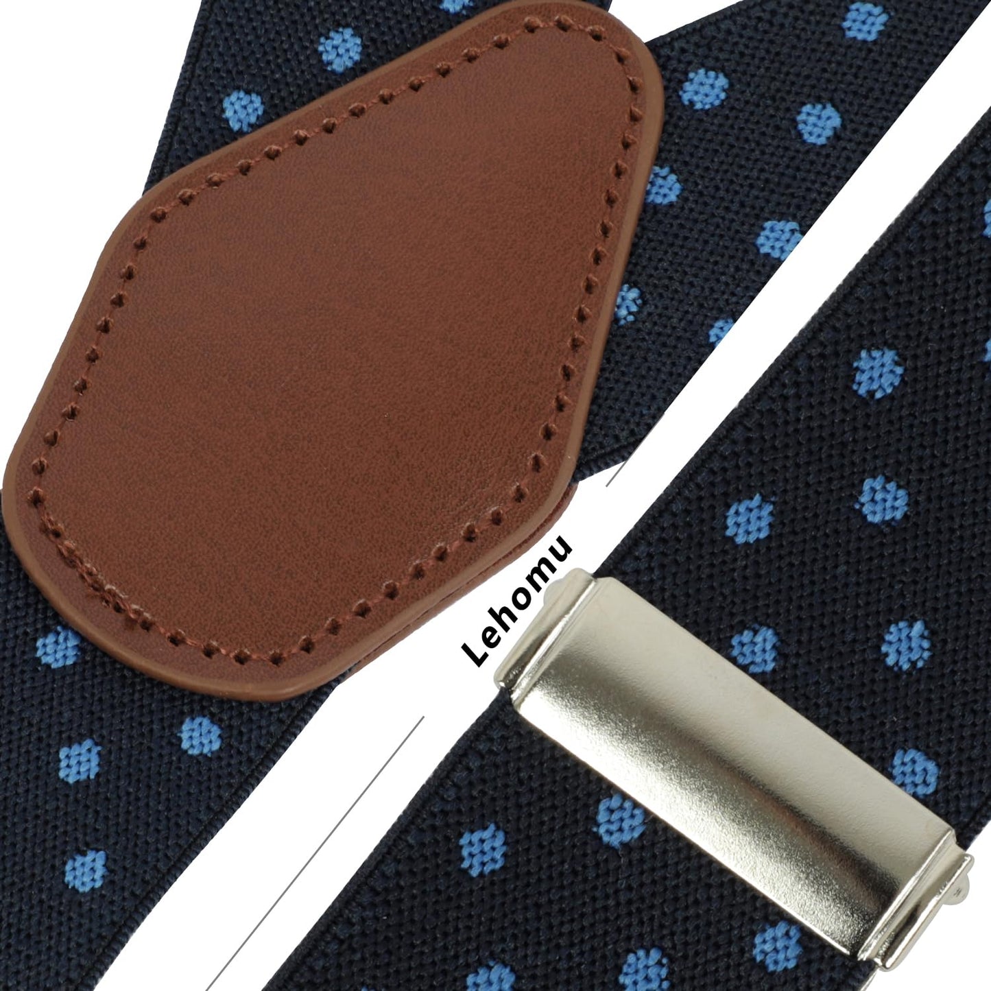 LEHOMU Suspenders for Men with leather 6 Heavy-Duty Clips, 1.4 Inches Wide Men's Suspenders Y-Back Adjustable Elastic Fit for Work or Casual Wear,Tibetan Blue Dots