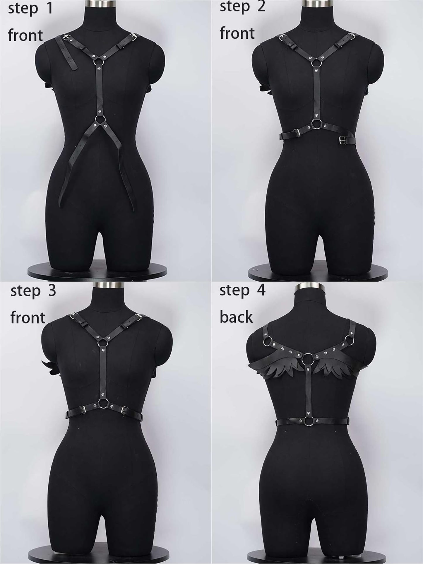 Women Adjustable Faux Leather Fashion Harness with Wing Detail, Punk Gothic Back Harness Accessory for Dresses Tops(Waist 26.4-39.4in) Black