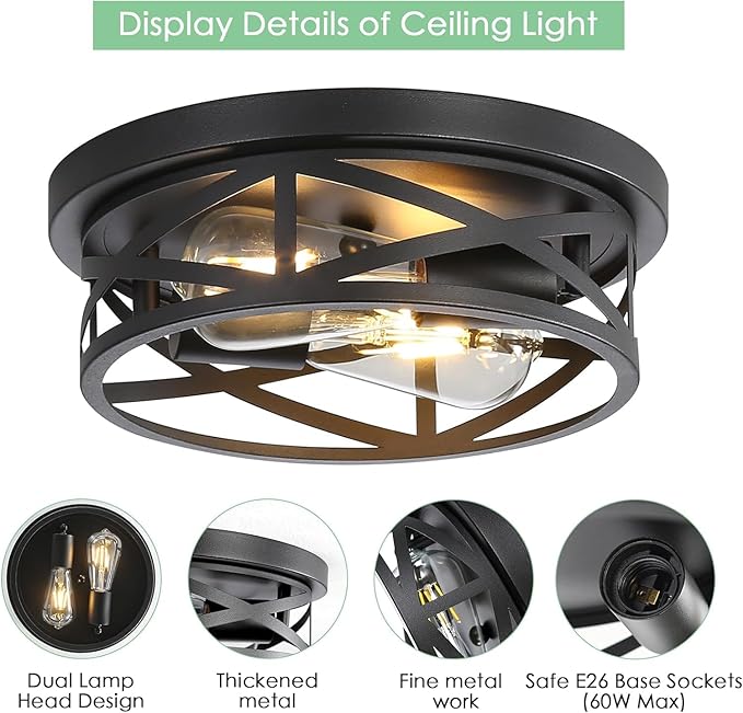 2-Pack Close to Ceiling Light Fixtures, 11 Inch Farmhouse Flush Mount Ceiling Light 2-Lights, Black Industrial Metal Cage Semi Flush Mount Ceiling Light for House Hallway Kitchen Bedroom