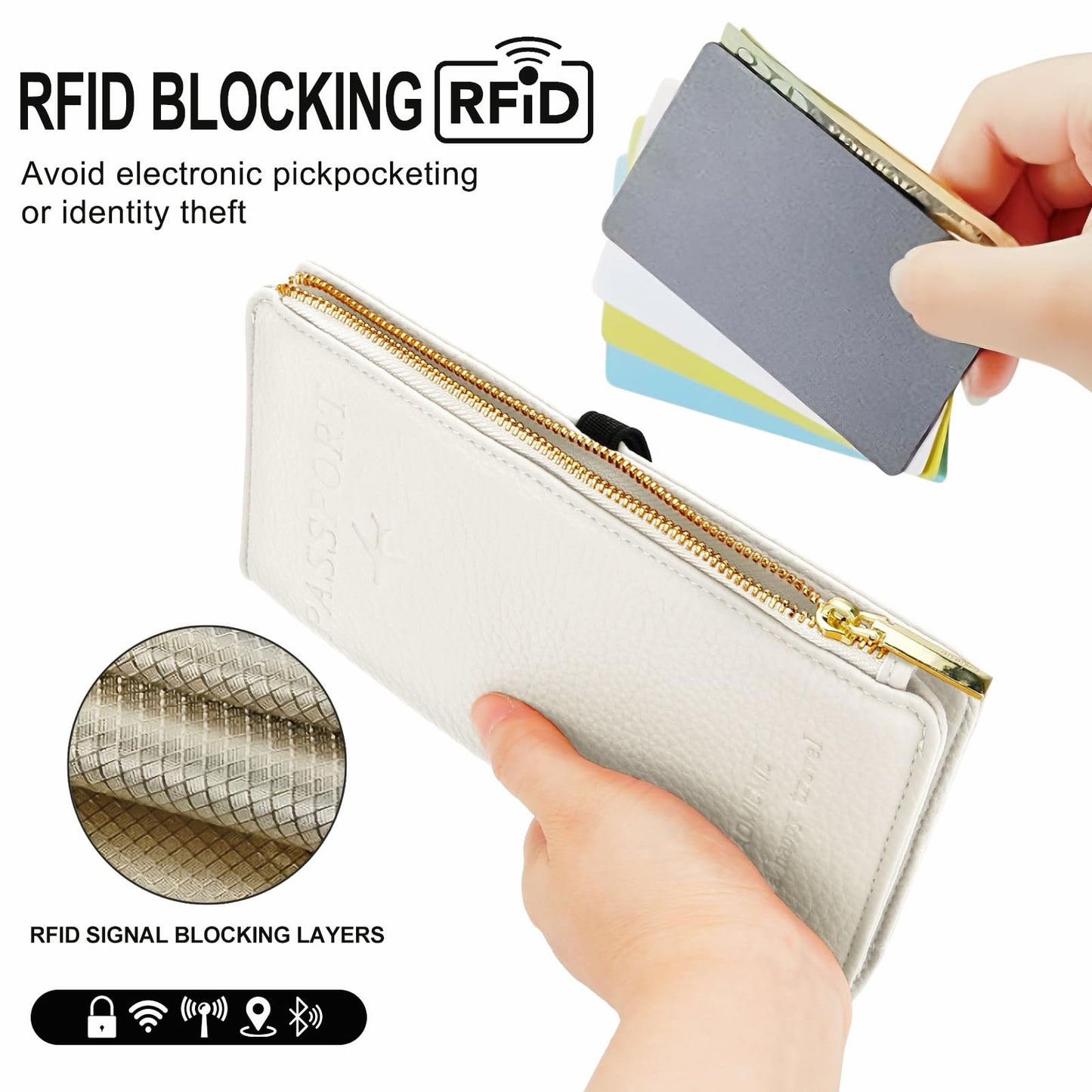 DOB SECHS Passport Holder for Travel Women RFID Blocking Leather Passport Wallet Travel Document Organizer Pouch Bag, Slim Passport Cover Case with Zipper Cash Pocket Purse+Card Slots+ID Window, White