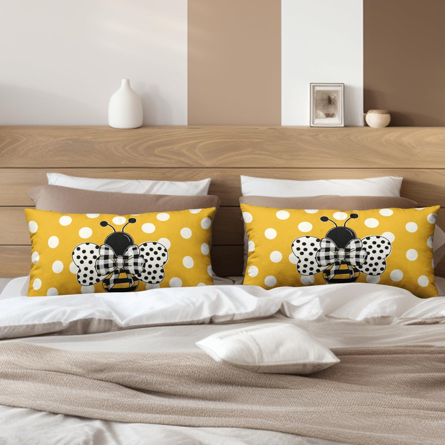 Wnoesat Lumbar Pillows Covers 12x20 Set of 2 Spring Summer Farmhouse Decorative Bumble Bee Polka Dots Throw Pillow Cover Yellow Honey Bee Rectangle Waist Cushion Case for Outdoor Couch Patio