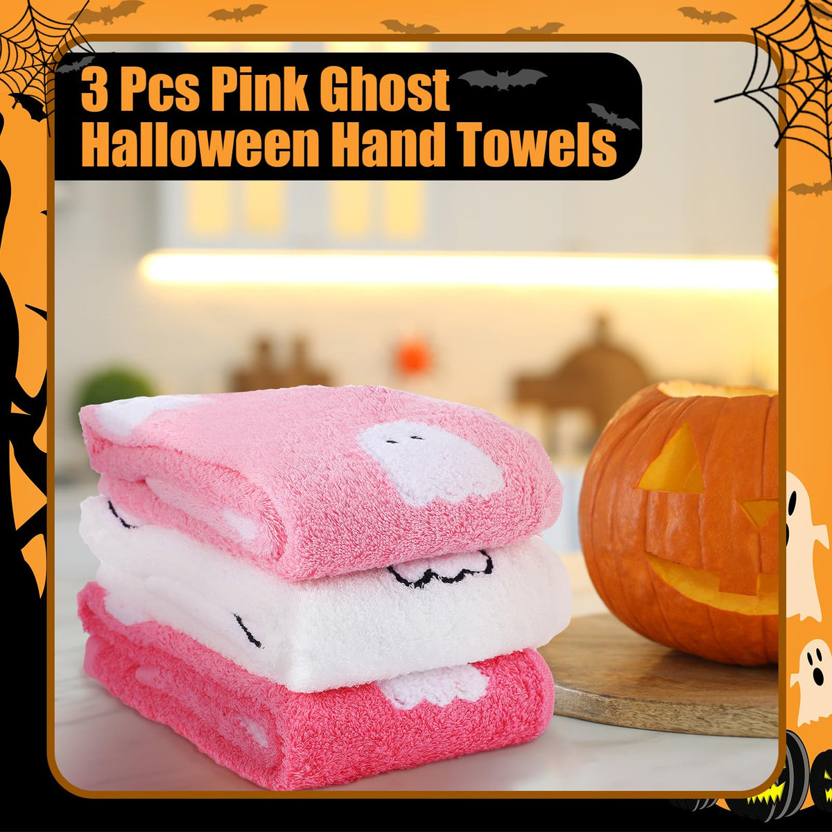 Oudain 3 Pcs Pink Ghost Hand Towels for Bathroom 100% Cotton Pink Halloween Embroidered Decorative Towels Cute Kitchen Gifts for Halloween Bath Shower Decors Housewarming 13.7 x 29.5 Inch