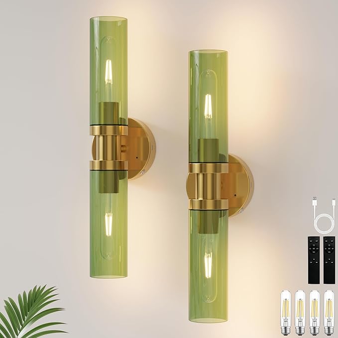Rechargeable Battery Wall Sconce Set of Two, 8000mAh Cordless, Dimmable, Timer, Remote, Touch Control, USB-C Charging for Living Room, Bedroom Gold with Green Lampshade (Include 4 Special Bulbs)