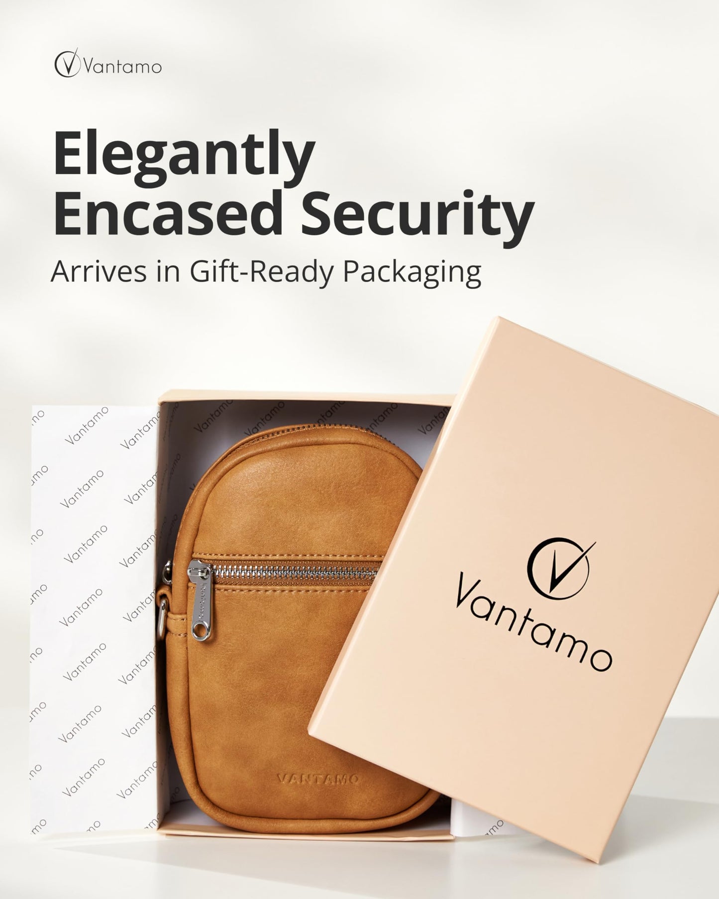 Vantamo Small Crossbody Bags for Women 29"-52" Adjustable Strap, Extra Safe Sling Bag with RFID & Anti-Pickpocket Clip, PU Leather Cross Body Packs with Gift Box, Tan Bags for Women