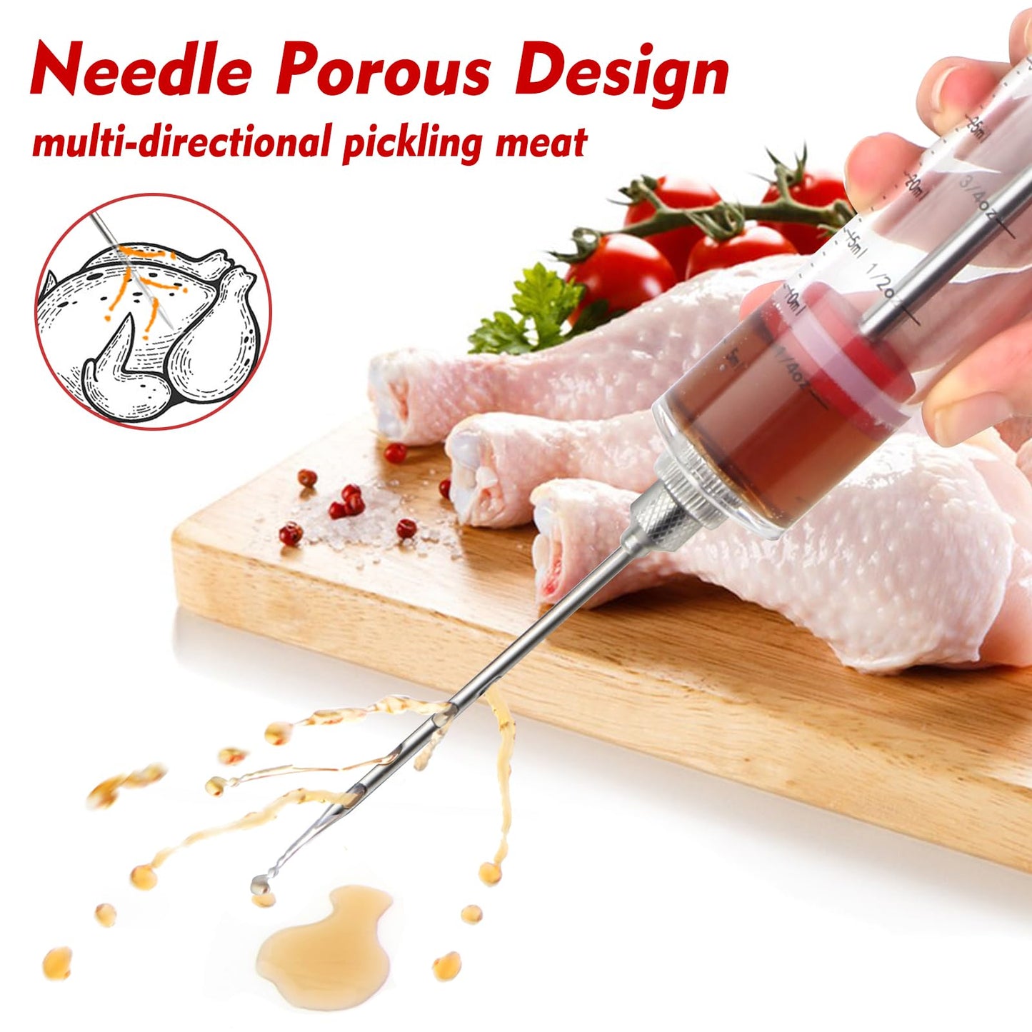 TGE-V 1-oz Plastic BBQ Marinade Injector Kit, Turkey Injector Syringe (3 Stainless Steel Meat Needles + 3 Replacement O Rings + 1 Cleaning Brush) for Smoked BBQ Grill