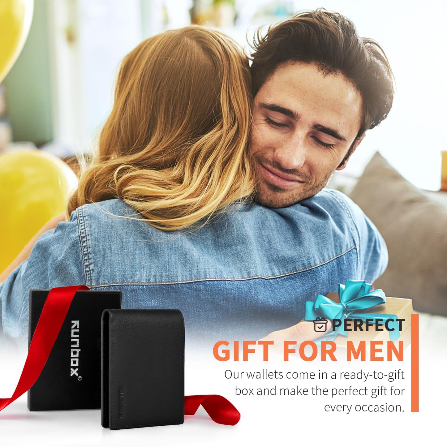 RUNBOX Leather Wallet for Men, Genuine Leather Mens Wallet Bifold Rfid Blocking with 12 Cards and 2 ID Windows, Minimalist Wallet for Men with Gift Box