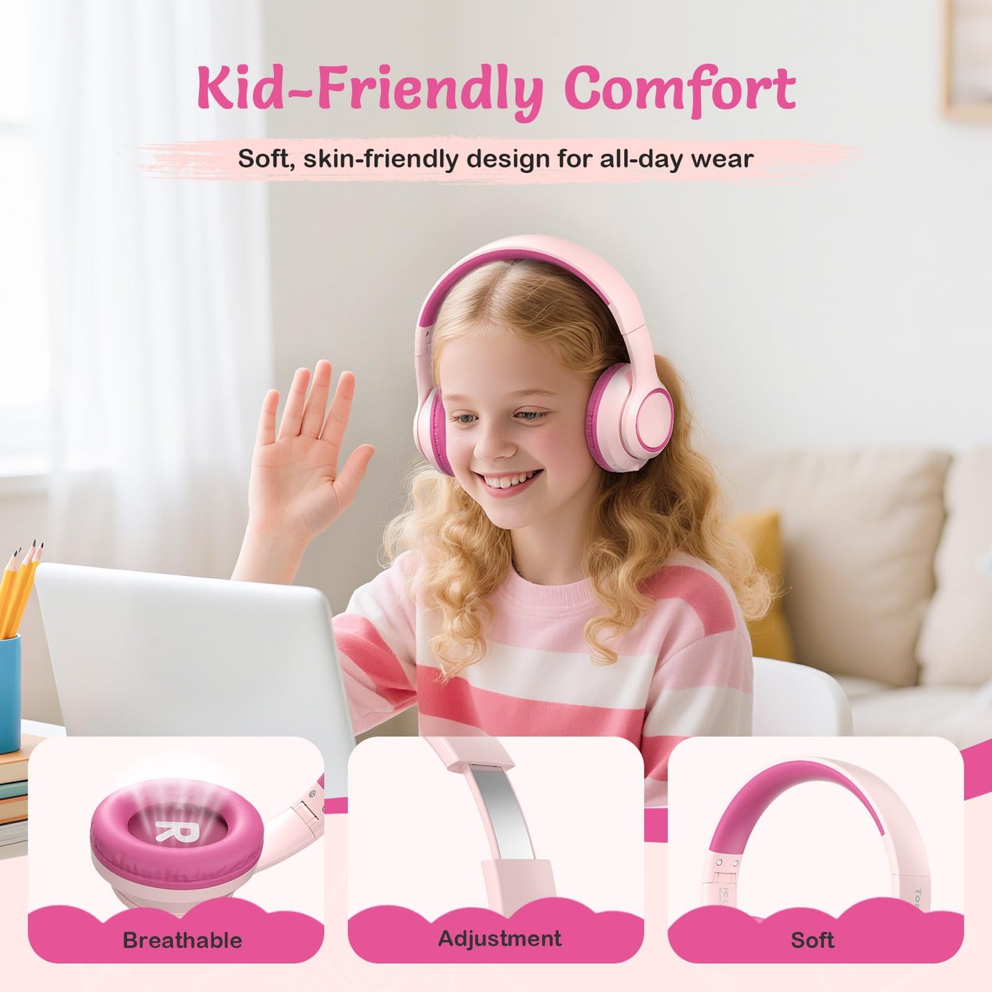 TONOSHARK Kids Bluetooth Headphones with Active Noise Cancelling, Wireless Over-Ear Headphones for Boys Girls, Foldable, Adjustable, 40H Playtime, Mic for School Travel(Pink)