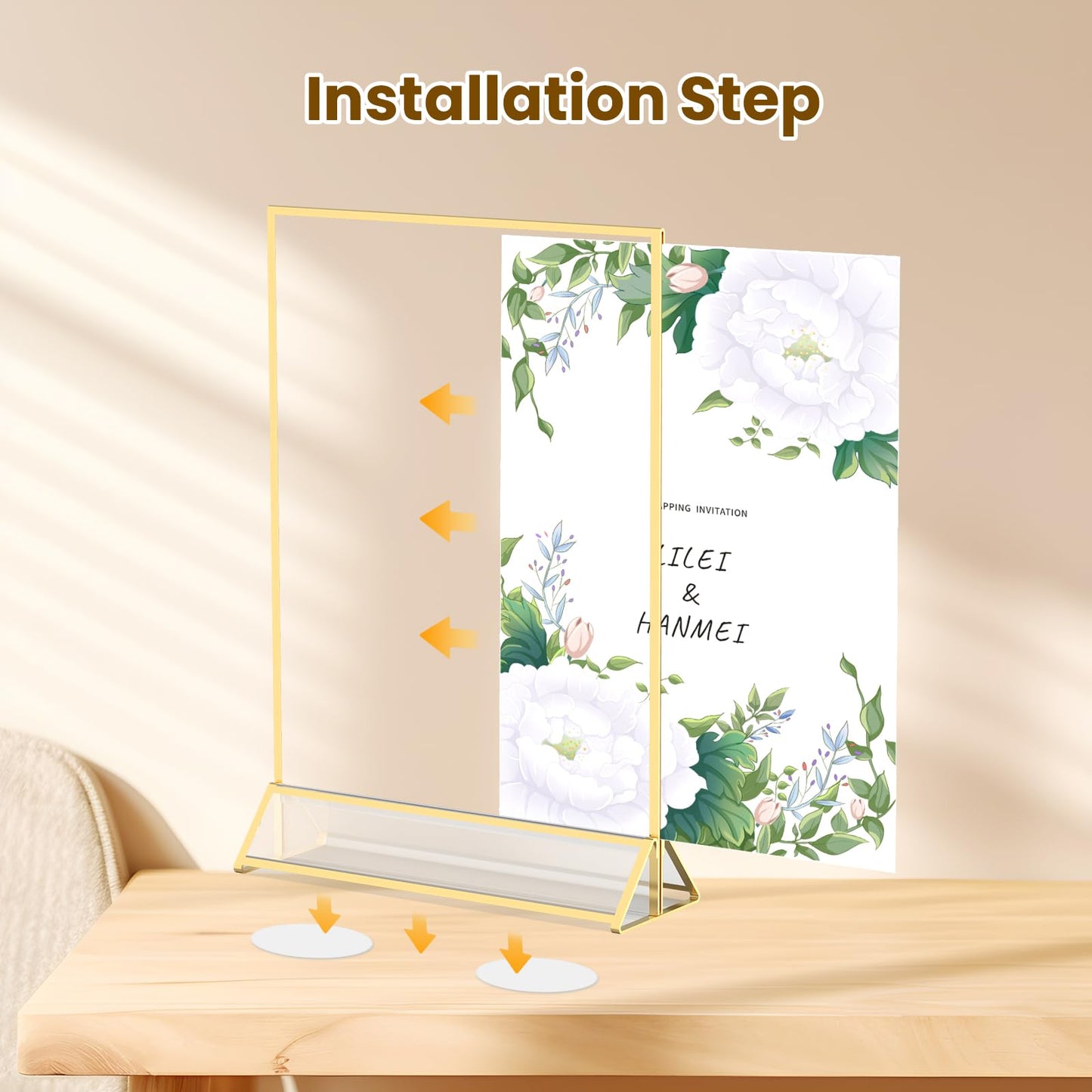YOAEAILY Gold Frames 5X7 Acrylic Sign Holder Double-Sided Tabletop Picture Frames for Menu Holder Wedding Table Number Holder Christmas Photo Frames with Removable Sticky Dots-3 Pack