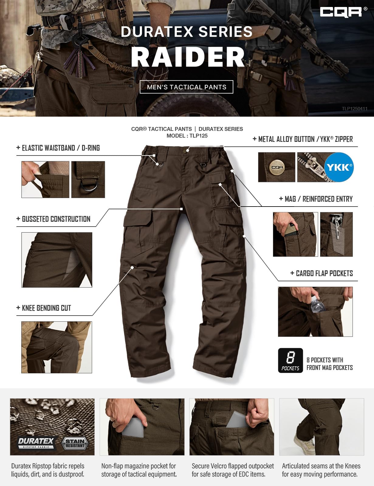CQR Men's Tactical Pants, Water Resistant Ripstop Cargo Pants, Lightweight EDC Work Hiking Pants, Outdoor Apparel, Duratex Mag Pocket Dark Brown, 28W x 30L