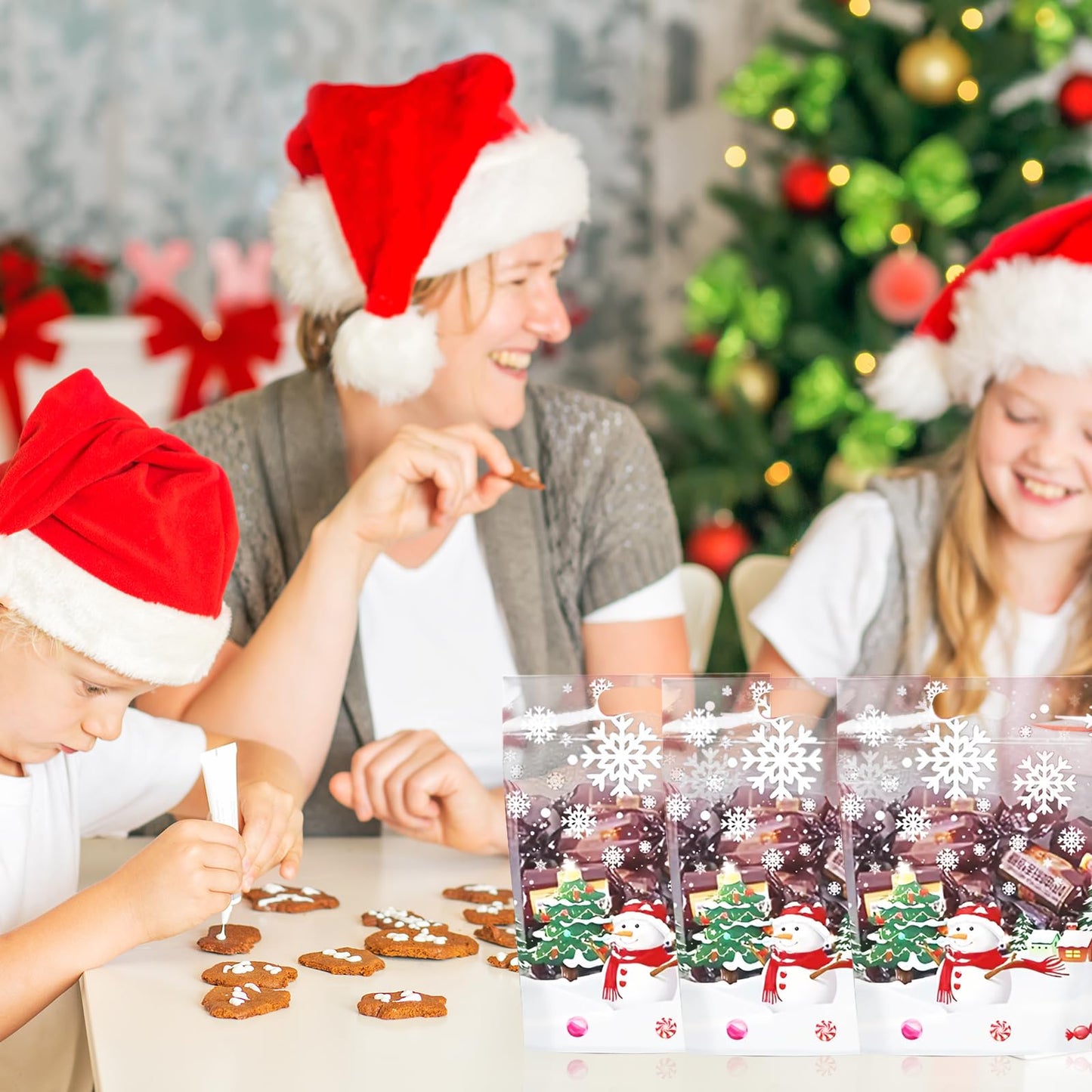 Rikolto Resealable Christmas Zip Lock Bags 50PCS Clear Christmas Cookie Snowman Plastic Sealing Bags with Handles for Xmas Holiday Party Candy Small Gift Wrapping Supplies Decor