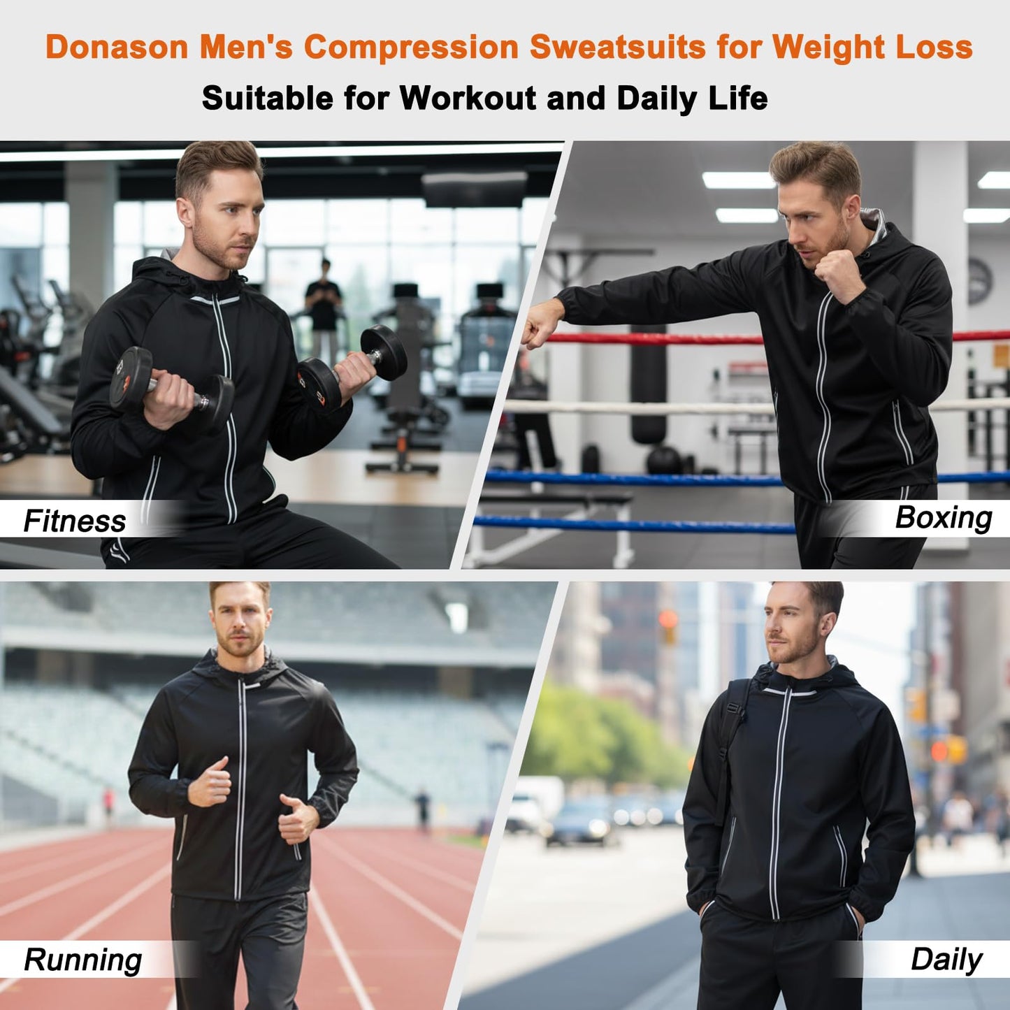 Donason Men's Sauna Suit Full Body Sweat Suit with Hood for Weight Loss Durable Jacket and Pants for Gym Workout Body Shaper Heat-Trapping Fitness Shapewear Long Sleeve Tracksuit with Zipper