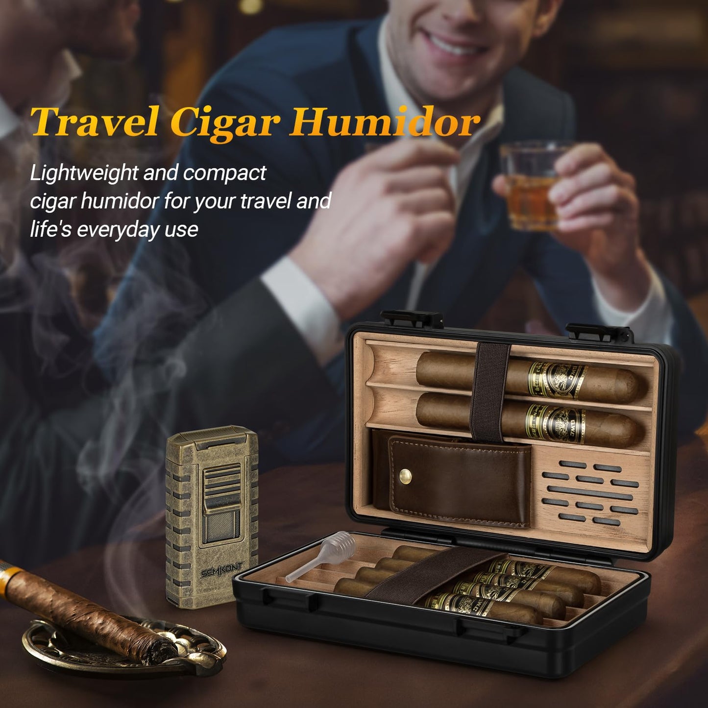 SEMKONT Travel Cigar Humidor, Portable Cedar Wood Lined Cigar Box, Waterproof Anti Pressure Sealed Cigar Storage Case, With Humidifier and Cigar Lighter Set, Can Holds 6 Cigars(Butane Not Included)