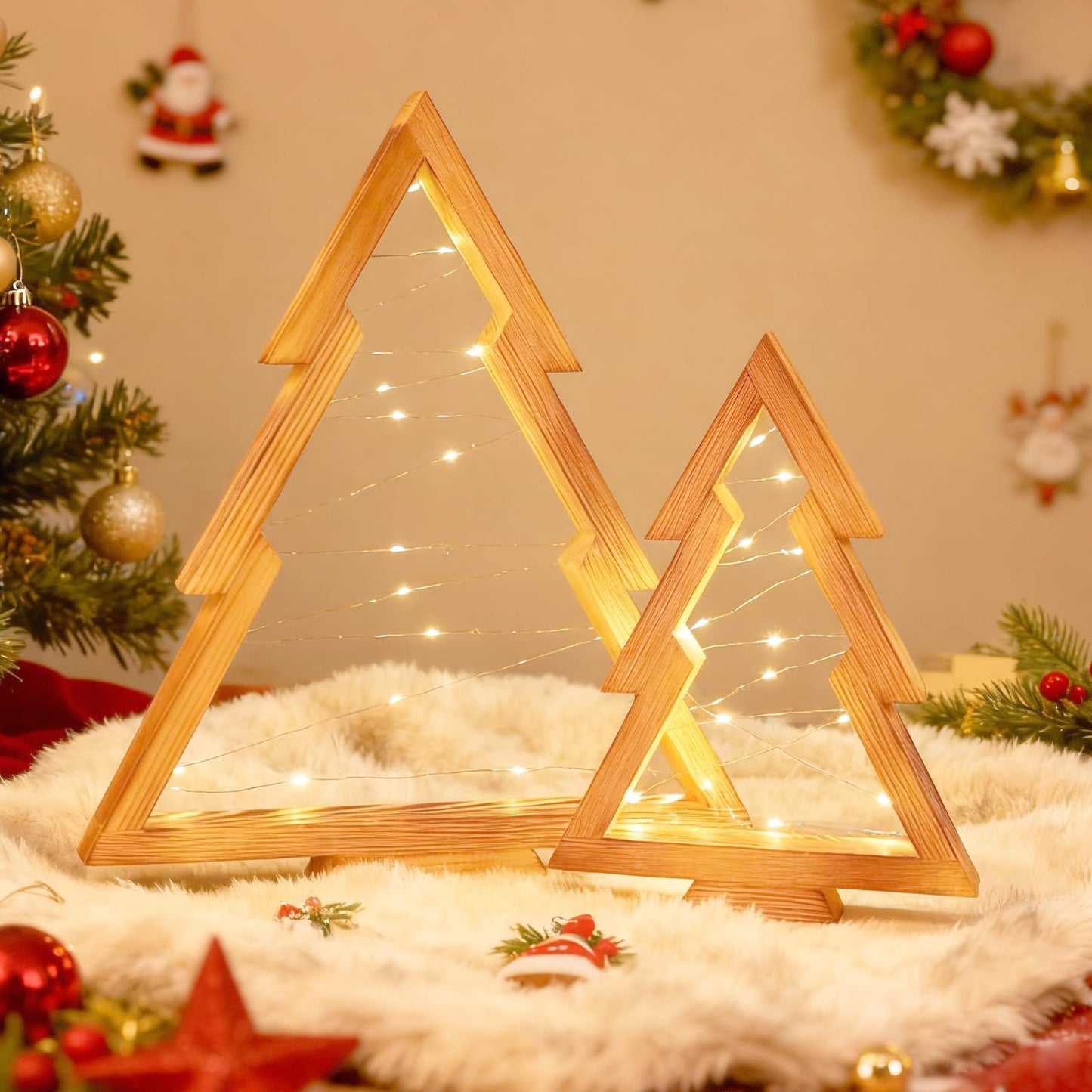 HOMIEE Wooden Christmas Tree 2PCS Handmade Tabletop Decor with Light for Farmhouse Home Kitchen Table Mantle Shelf Holiday Indoor Party Decor