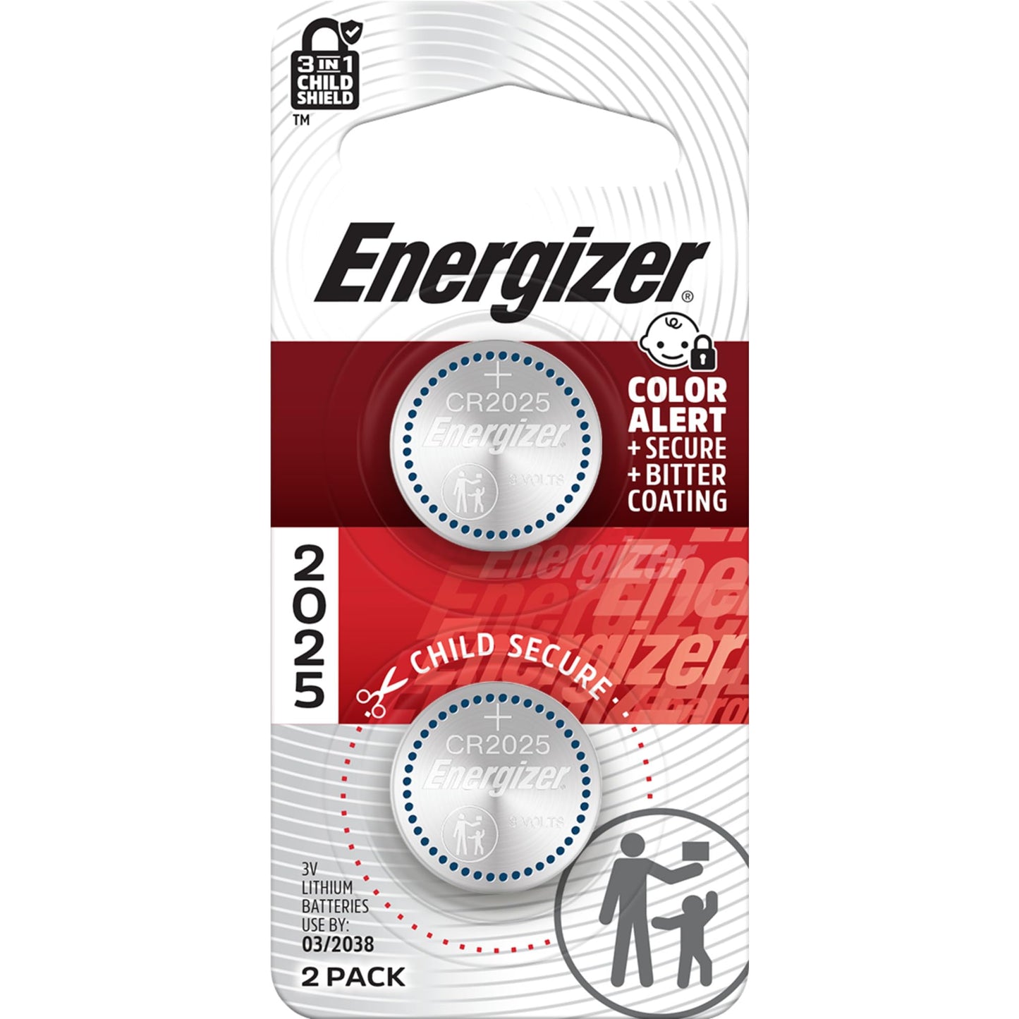 Energizer 2025 Batteries (2 Pack), 3V Lithium Coin Batteries With 3-in-1 Child Shield
