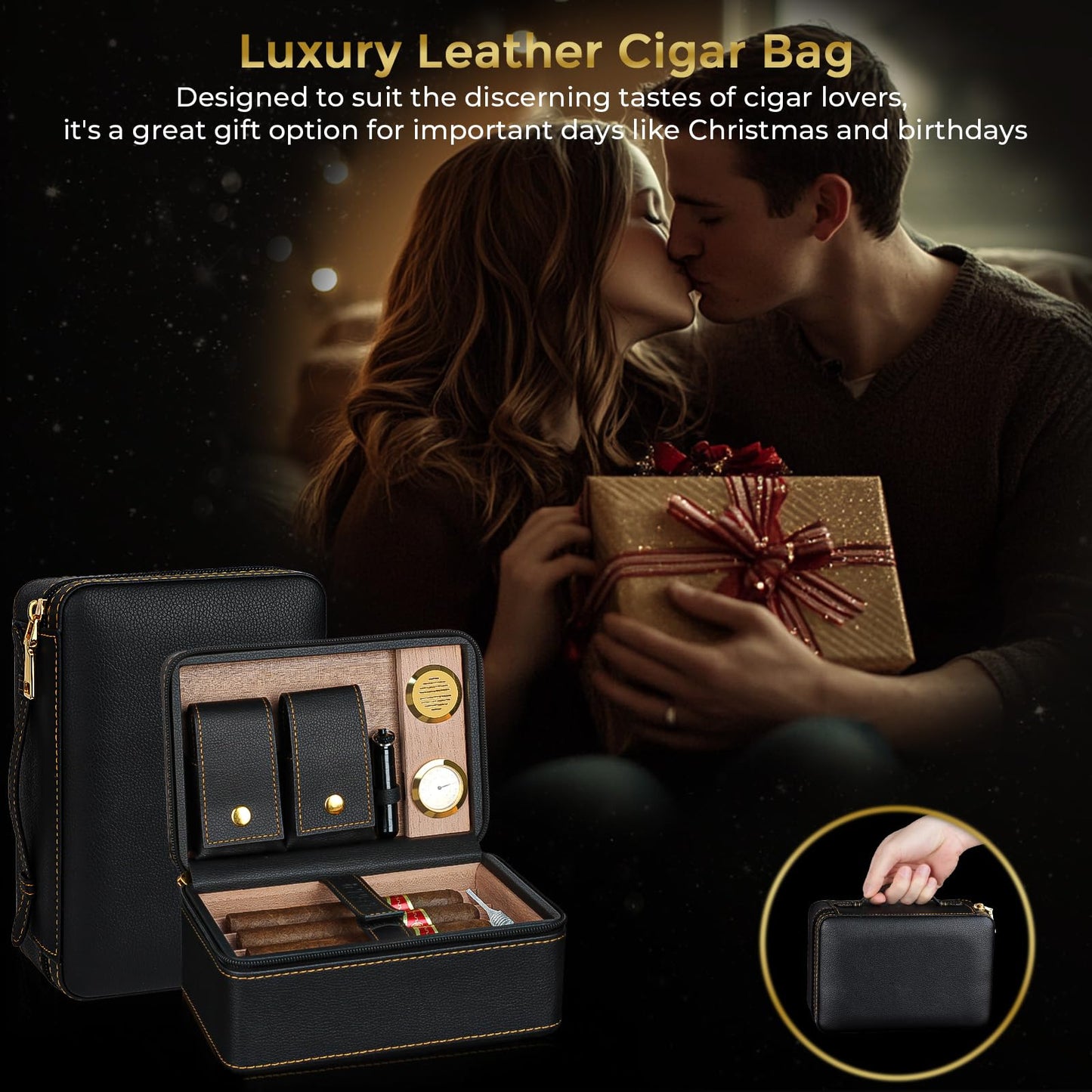 Travel Cigar Humidor Set, 2-Layer Design & CedarWood Lined, with Cigar Lighter Built-in V Cutter&Holder, Cigar Cutter, Draw Enhancer, Hygrometer, Humidifier, Portable Leather Cigar Case, Gifts for Men