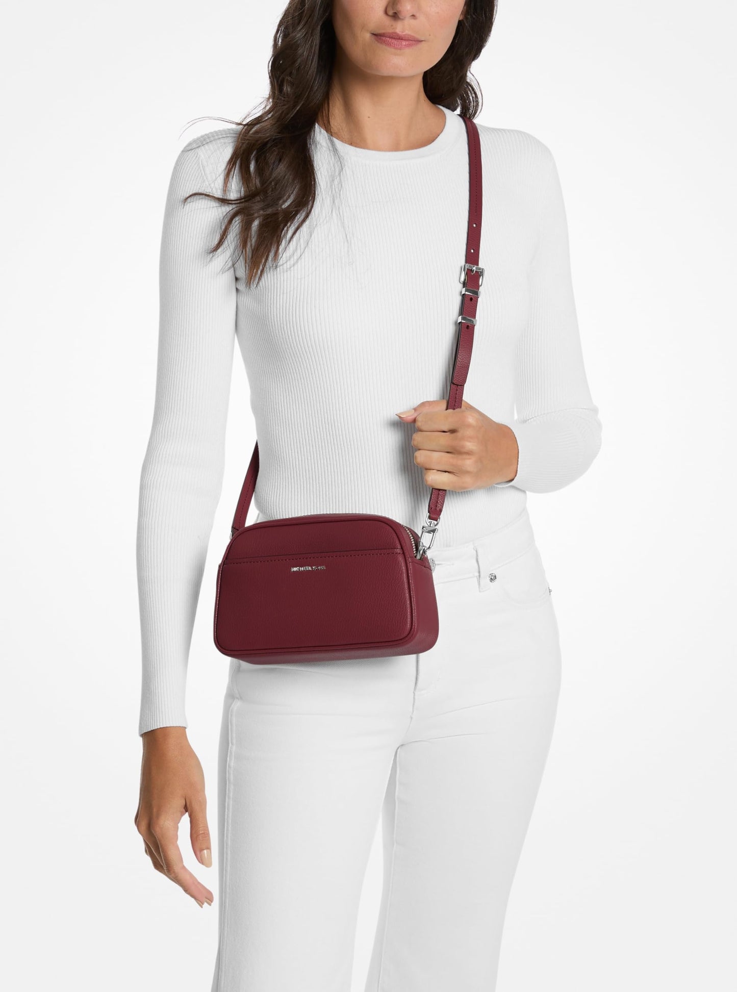 Michael Kors Jet Set Small Camera Crossbody Bag, Silver-Tone Hardware/Embossed Goat Leather/Oxblood