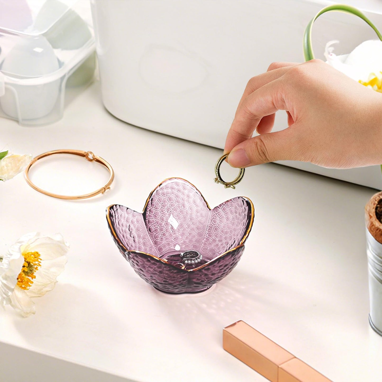 Purple Flower Jewelry Dish Glass Ring Dish Jewelry Tray Cute Vanity Organiser Room Decor Aesthetic Nightstand Bathroom Decor Trinket Dish Ring Holder Valentine's Friendship Birthday Gifts for Women