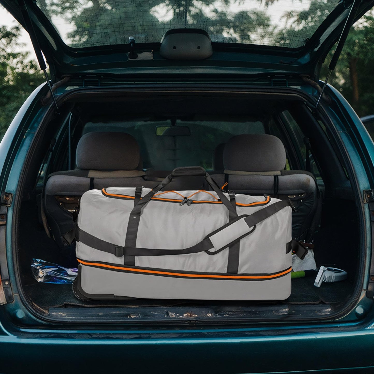 Morthanabag 32” 1680D Oxford Foldable Duffle Bag with 2 Wheels,110L to 140L Expandable Soft Sided Rolling Travel Bag,Grey
