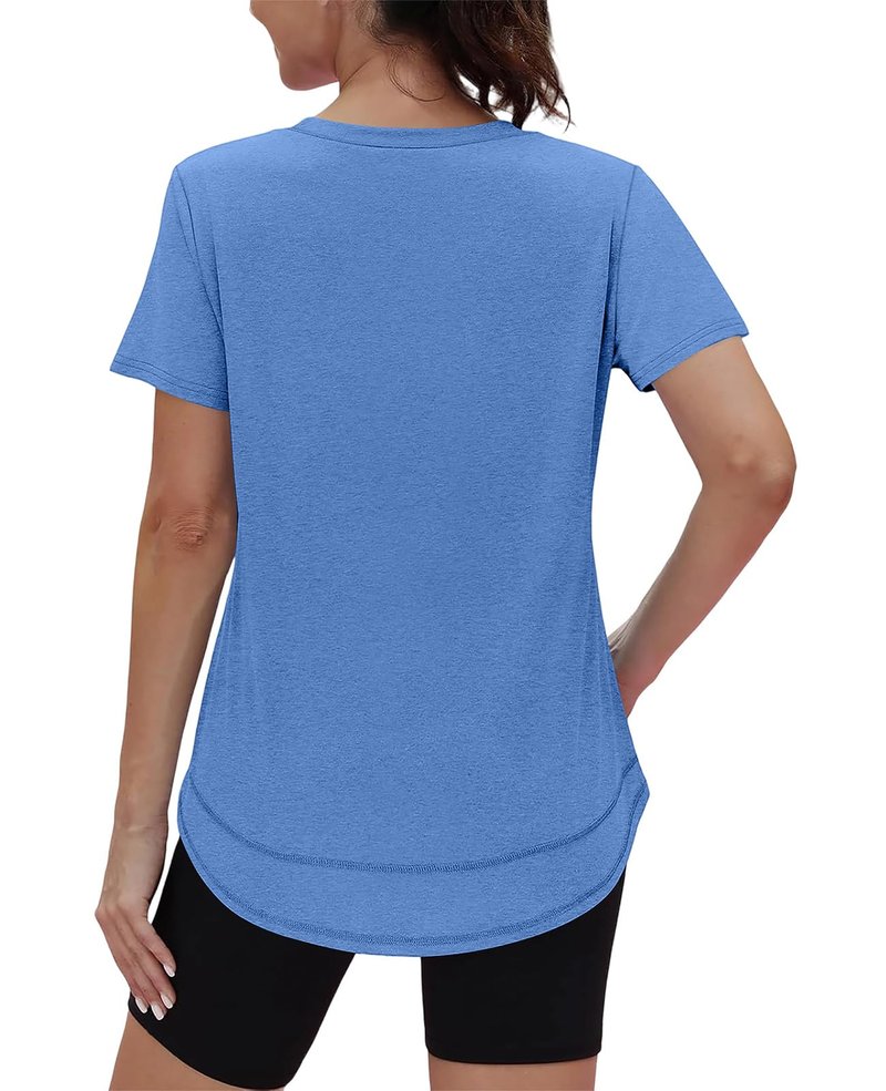 Short Sleeve Shirts for Women Workout Yoga Tops Sun Protection Clothing Summer Outfits Rash Guard Side Slit V Neck Blue XL