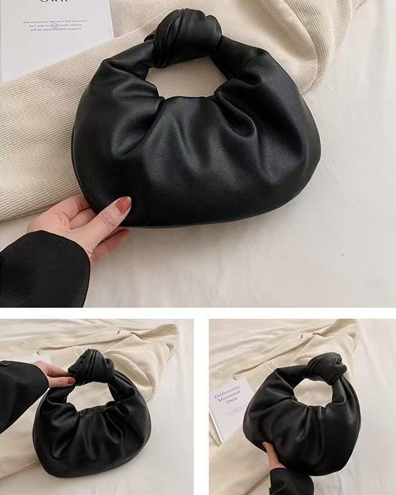 Inkfew Ruched Clutch Purses For Women Evening Bag PU Leather Trendy Small Hobo Handbag Wedding Guest Bags for Party Shopping,Black