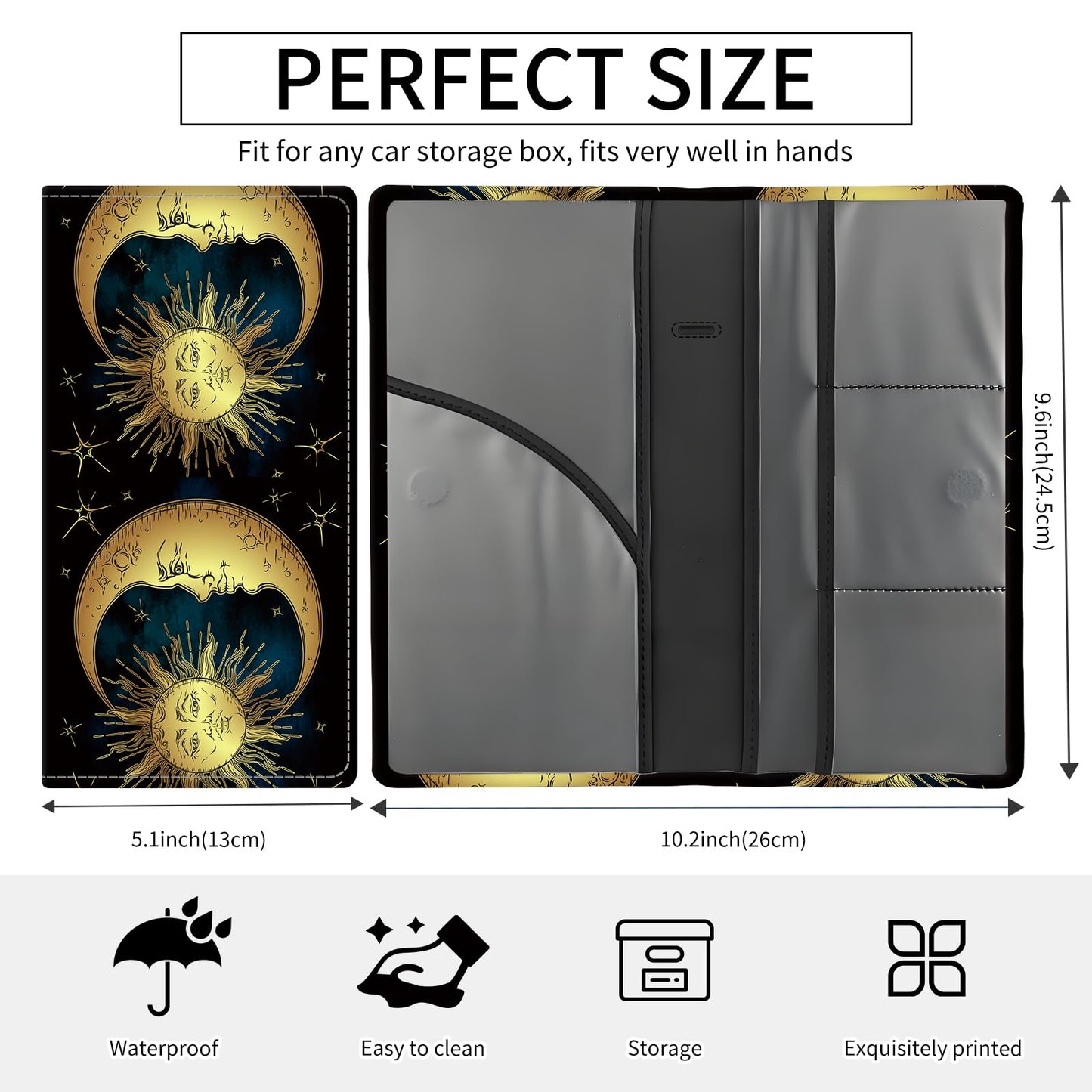 BAUCIWLD Premium Car Registration and Insurance Card Holder, Cute PU Leather Car Document Holder, Vehicle Glove Box Car Organizer with Magnetic Closure for Driver License, Cards Golden Sun and Moon
