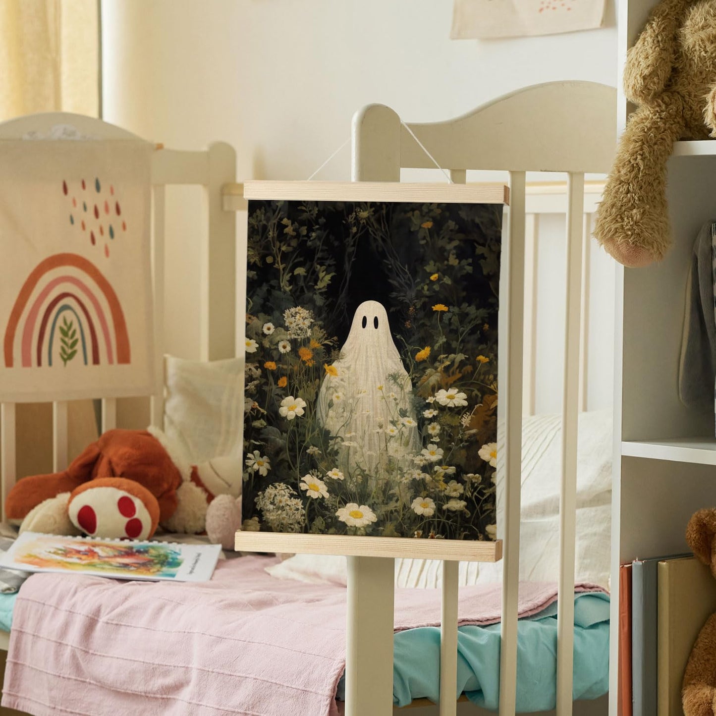 Nrleey Halloween Bathroom Poster Hanger Frame, Ghosts Floral Wall Art with Wooden Poster Hanger, Horror Spooky Wall Hanging Decor, 12x16 Inches