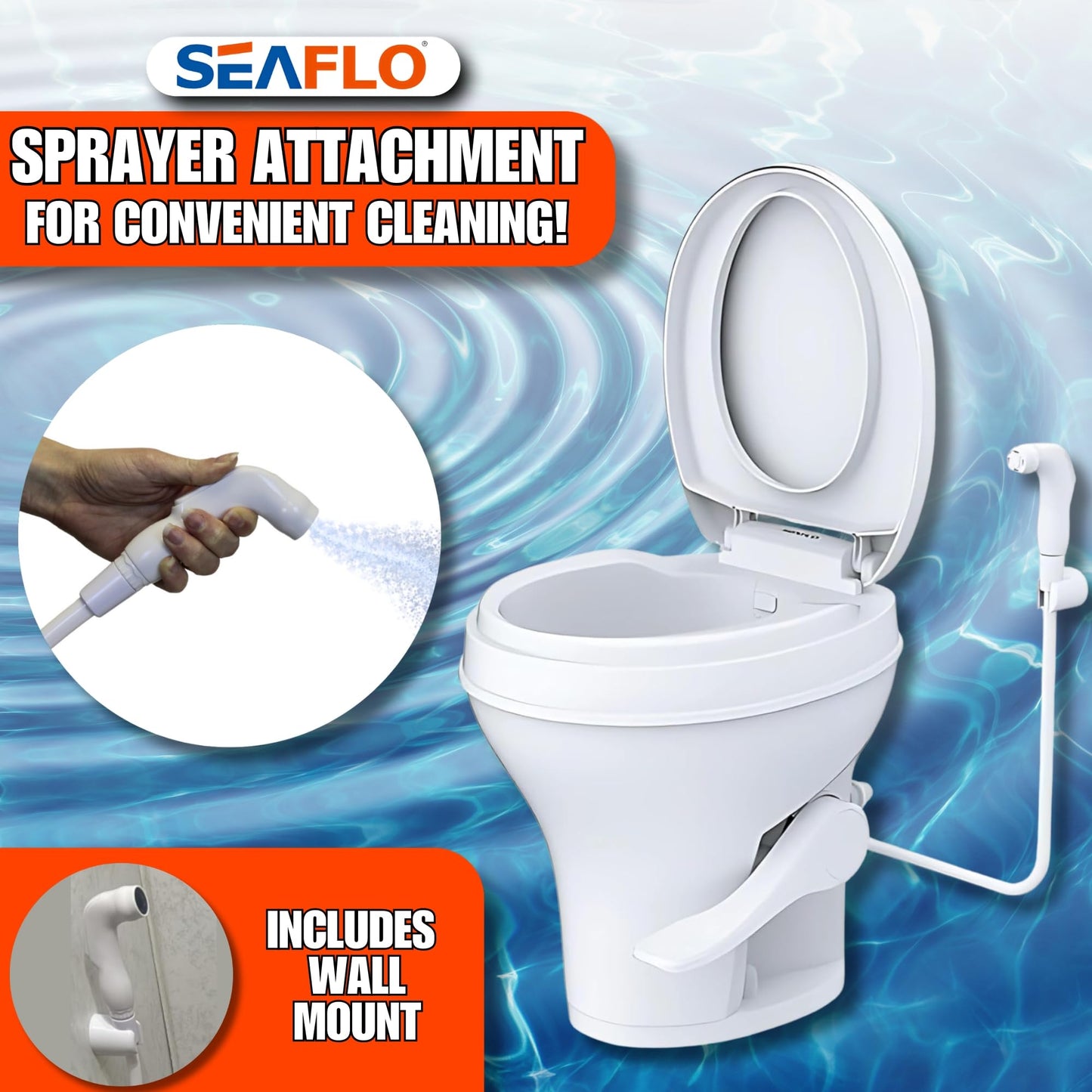 SEAFLO Residential Height Camper/RV Toilet with Sprayer Attachment, 18.5” Standard Height, Gravity Flush System, Foot Pedal Operation, Soft Close Seat, 4-Year Warranty (With Sprayer Attachment)