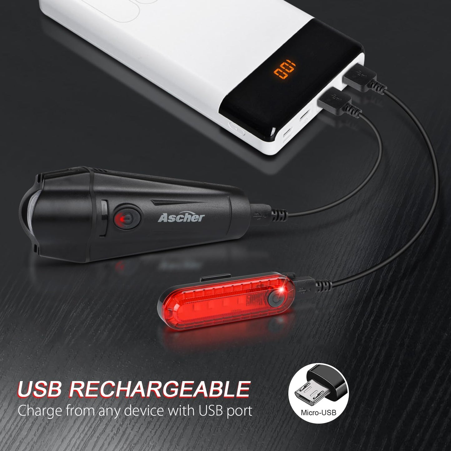 Ascher Ultra Bright USB Rechargeable Bike Light Set, Powerful Bicycle Front Headlight and Back Taillight, 4 Light Modes, Easy to Install for Men Women Kids Road Mountain Cycling Black