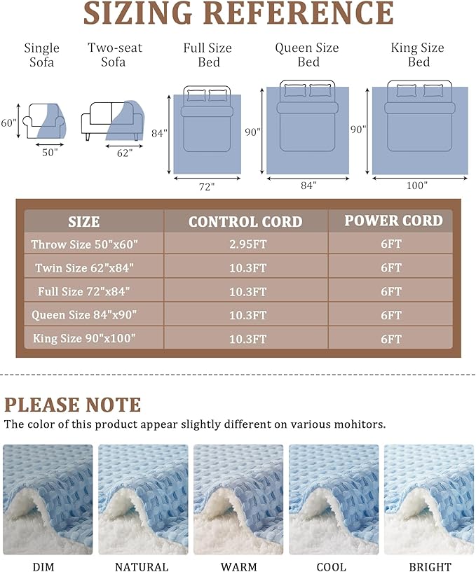 CAROMIO Heated Blanket Twin Size, Waffle Weave Electric Throw Blanket Fast Heating with LCD Controller, 10 Heat Levels & 1-12H Time Settings Auto Off, ETL Certified, Light Blue, 62" x 84"