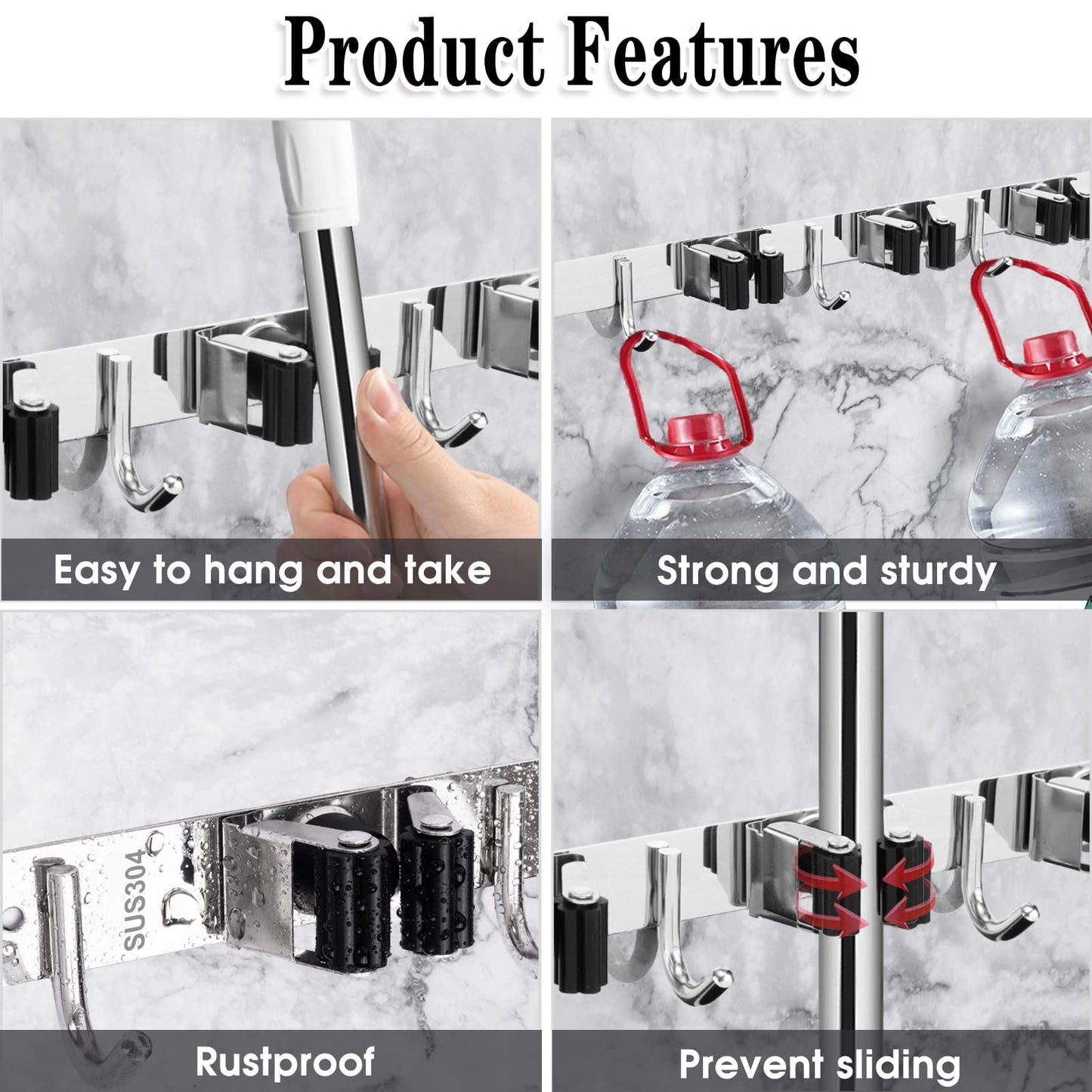 2 Pack 3 Racks and 4 Hooks Broom and Mop Holder Wall Mounted Garage Organizer Storage Tool Racks Stainless Steel Heavy Duty Hooks Self Adhesive Solid Non-slip Wall Hangers for Home Kitchen Garden