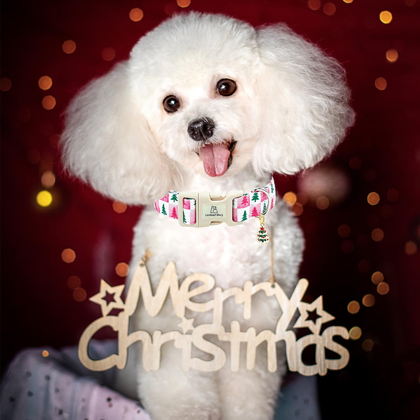 Lionheart glory Christmas Dog Collar Pink Checkboard Christmas Tree Cute Dogs Collar - Adjustable Soft Comfortable Light Collars for Small Dogs Girl or Boy Winter Pet Collars