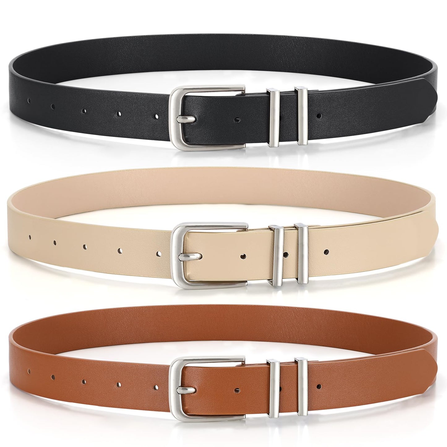 3 Pack Women's Belts for Jeans Pants Dresses Fashion Ladies Leather Waist Belt with Buckle Leather Belts,Black Beige Brown,M