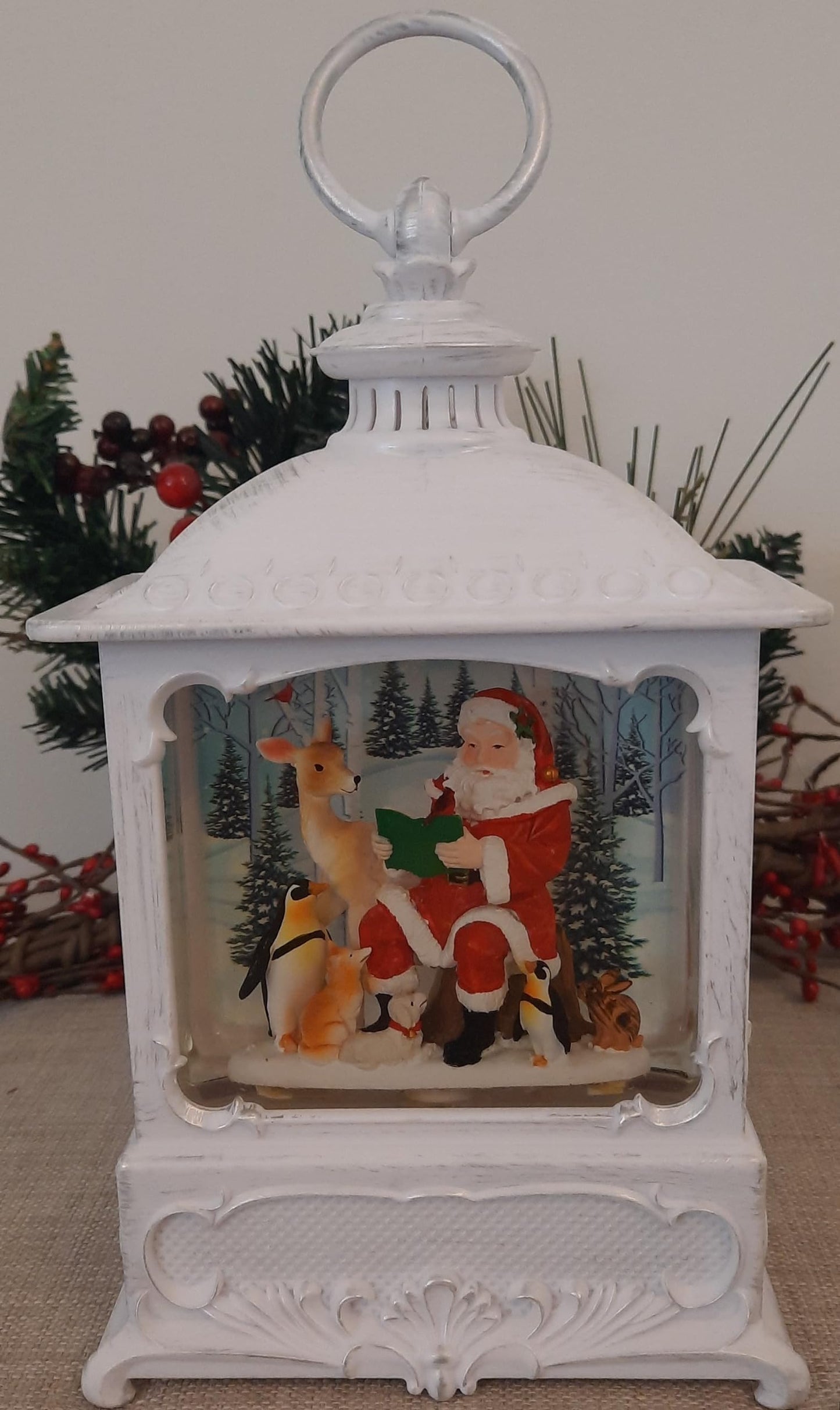Gerson International 9 Inch Lighted Christmas Water Lantern Snow Globe with Continuous Swirling Glitter- Santa with Animal Friends