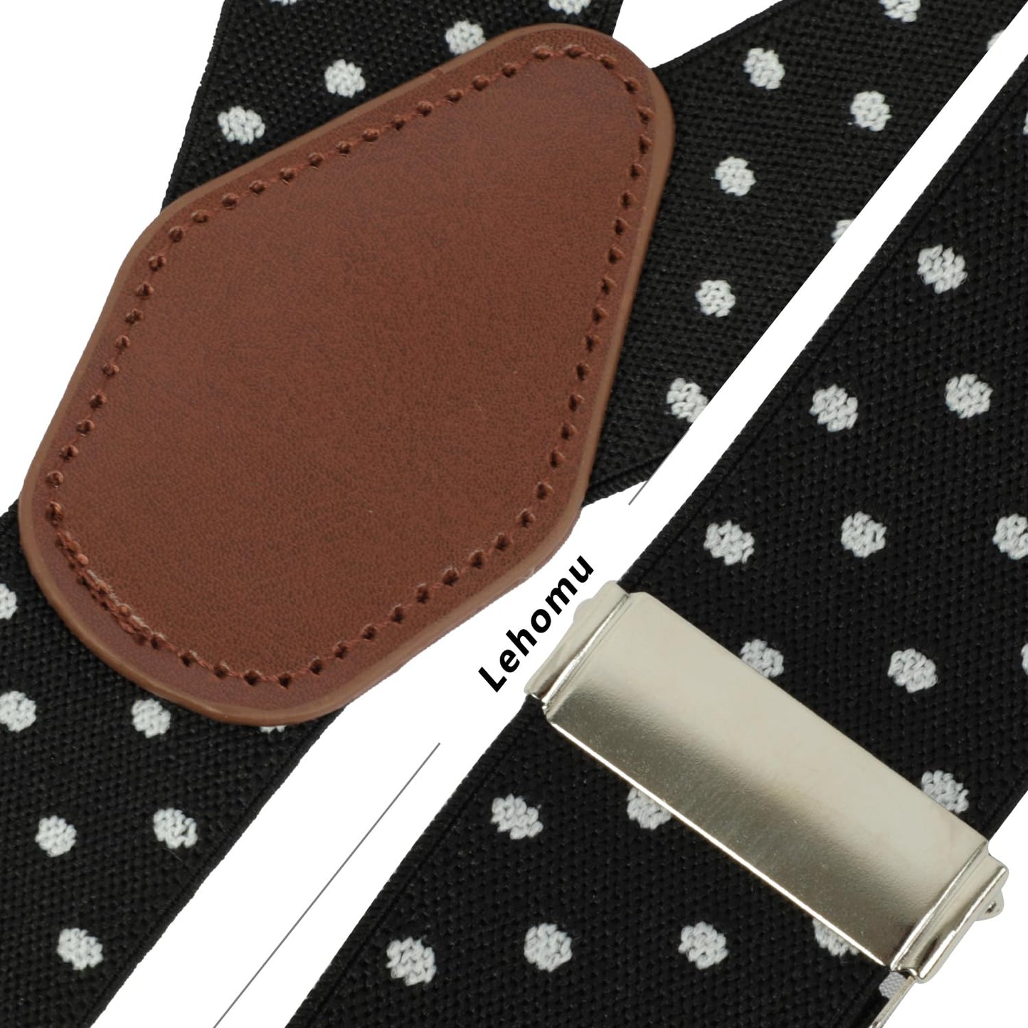 LEHOMU Suspenders for Men with leather 6 Heavy-Duty Clips, 1.4 Inches Wide Men's Suspenders Y-Back Adjustable Elastic Fit for Work or Casual Wear,Black and White Dots