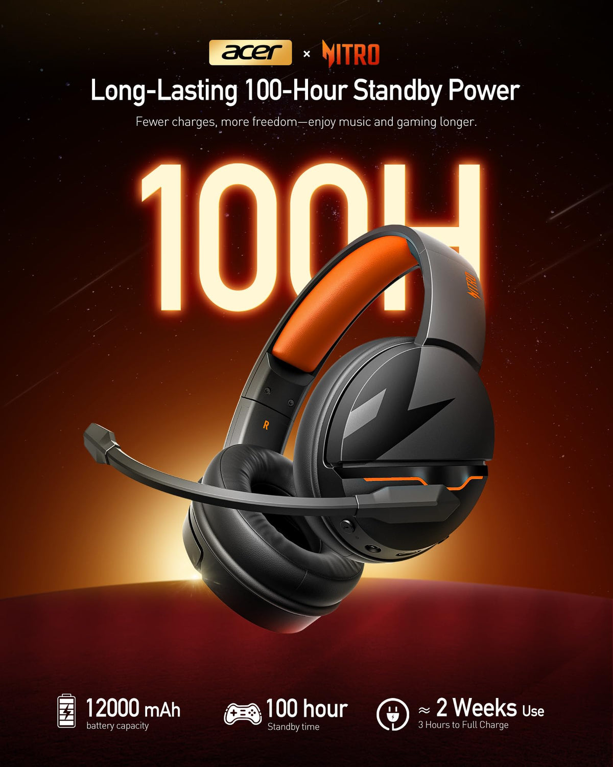 acer Wireless Gaming Headset, PS5 Headset with 2.4GHz for Ps5, Ps4, PC, Switch, Bluetooth 5.3 + 100Hrs Gaming Headphones with Noise Canceling Mic for Laptop, Mobile, Mac, 50mm Drivers (Orange)