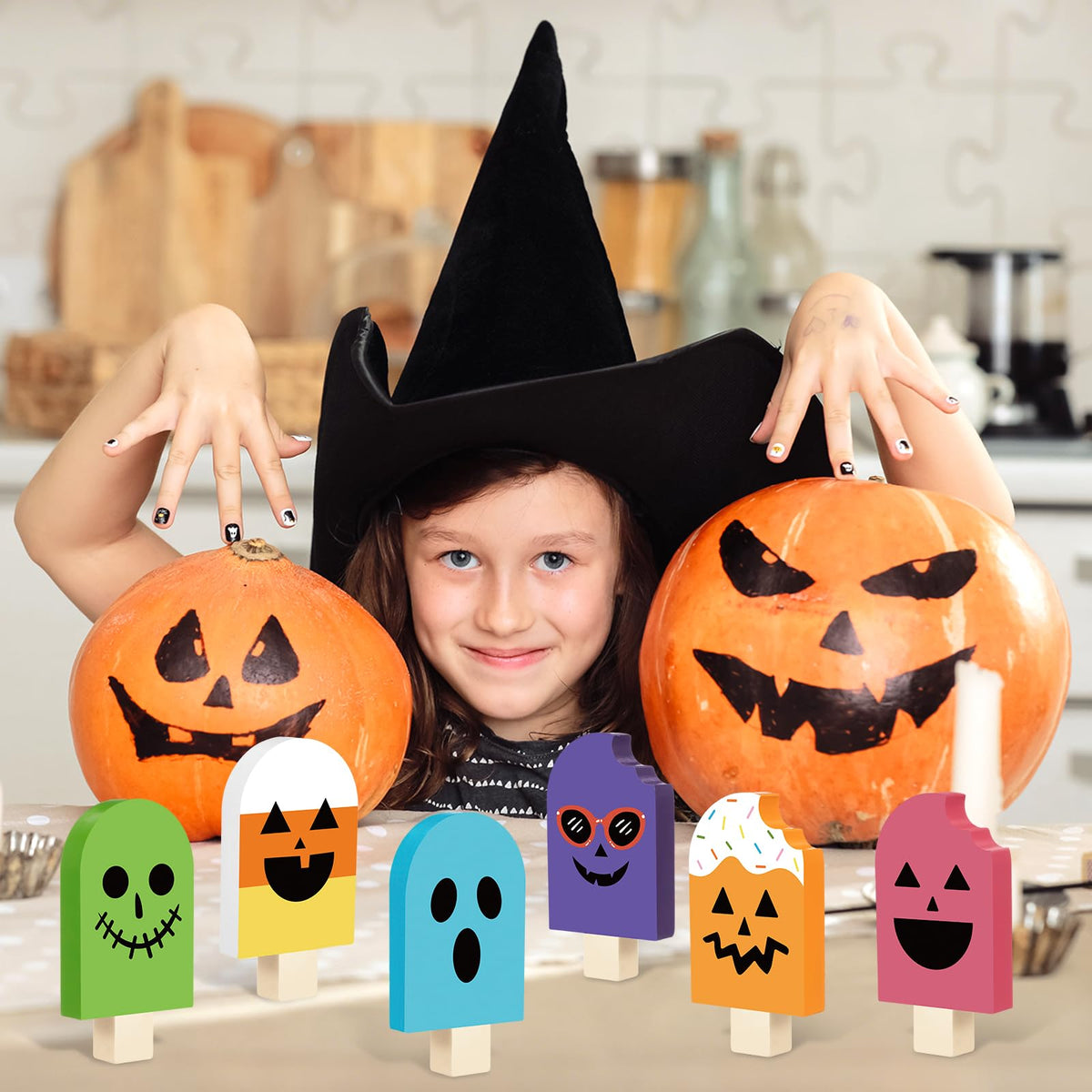 Kathfly 6 Pcs Summer Halloween Table Decor Wooden Ice Cream Tiered Tray Decor Halloween in Summer Table Sign Spooky Cute Tabletop Centerpiece for Home Kitchen Shelf Display Desk Party Decoration Gift