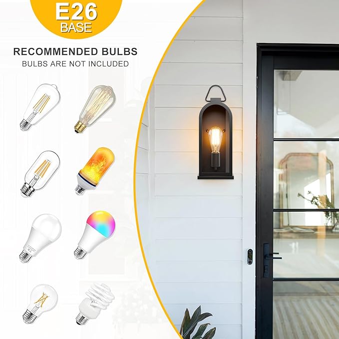 Vintage Outdoor Wall Light Fixtures (2 Pack) - Matte Black Porch Lantern/Exterior Wall Sconce, Glass Shade, Sturdy Metal Frame, Waterproof & Anti-Rust, for Entryway/Garage/Patio/Doorway, E26 Socket