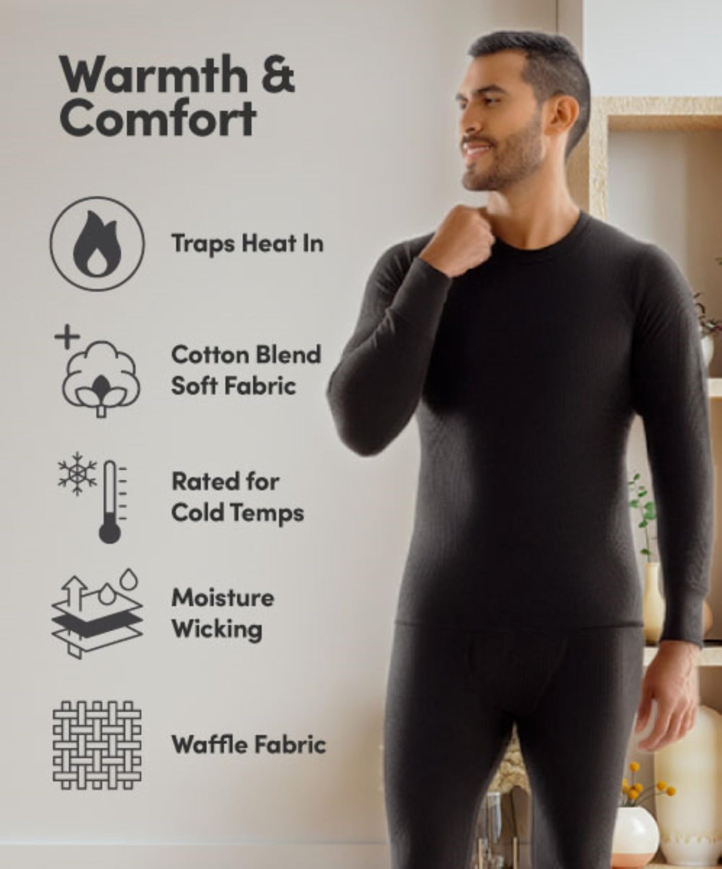 Fruit of The Loom Men's 3-Pack Recycled Waffle Thermal Underwear Bottom, Black/Black/Natural, Large