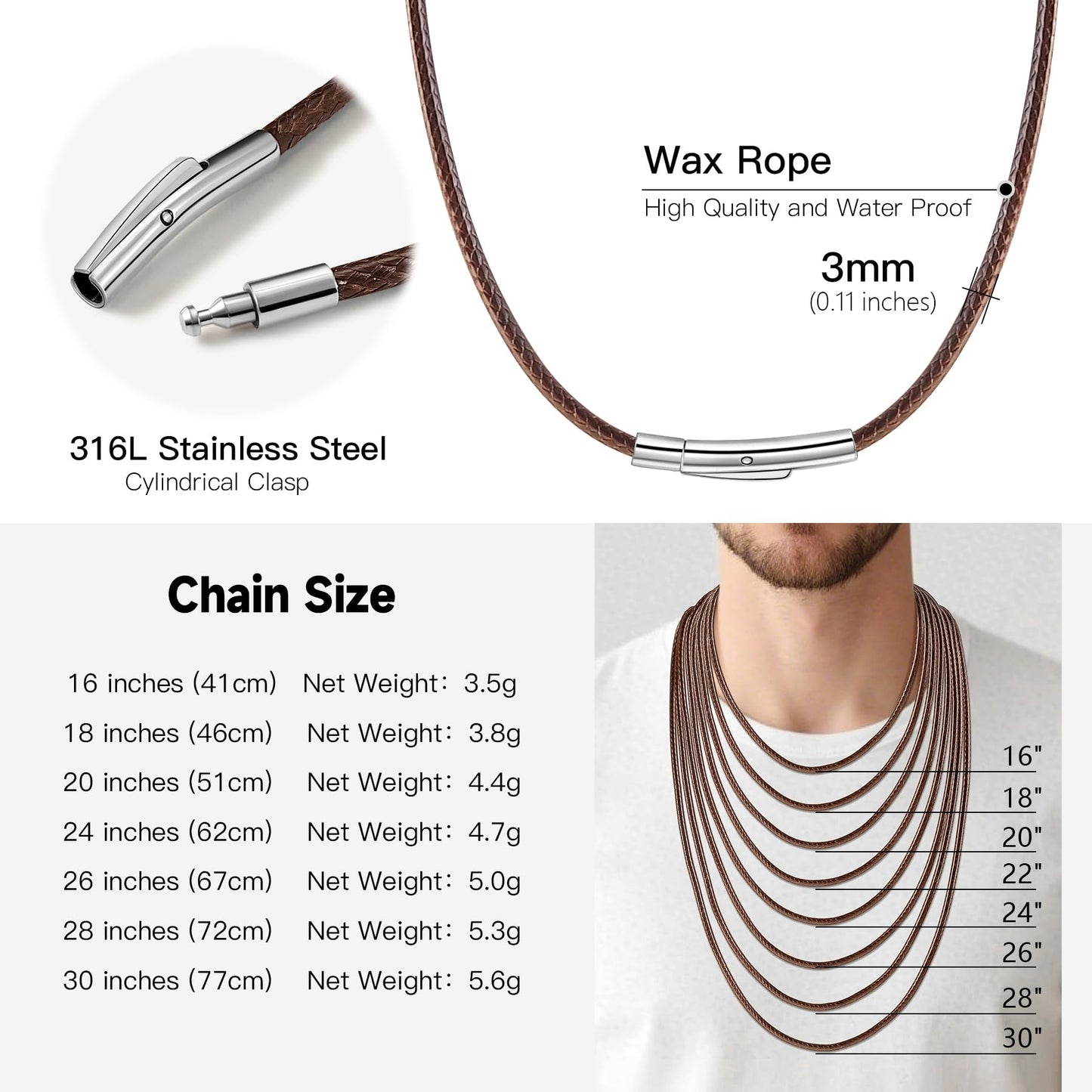 Oaldilee Mens Brown String Necklace Cord Leather Chain 3mm 22 Inch Braided Rope Jewellery Mens Waterproof Chain with Stainless Steel Clasp
