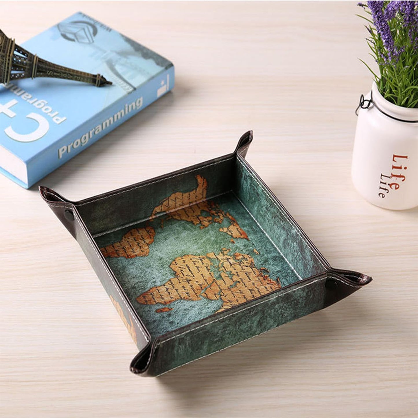 siduater Valet Tray Desktop Storage Organizer, Vegan Leather Catchall Bedside Vanity Tray Nightstand Caddy Holder for Remote Controller, Watch, Keys, Phone, Wallet, Sunglasses, Jewelry - Map