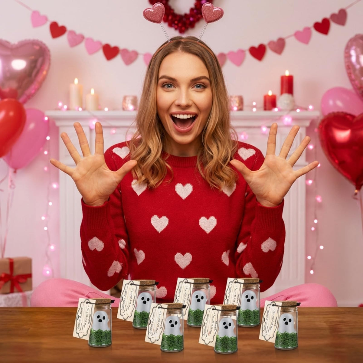 Vicenpal 37 Pcs Valentines Day Adopt a Ghost in a Mason Jar Glow in the Dark Ghost Bottle Bulk with Moss and Card Cute Valentine Figurine Bulk for Valentines Decorations DIY Party Gifts