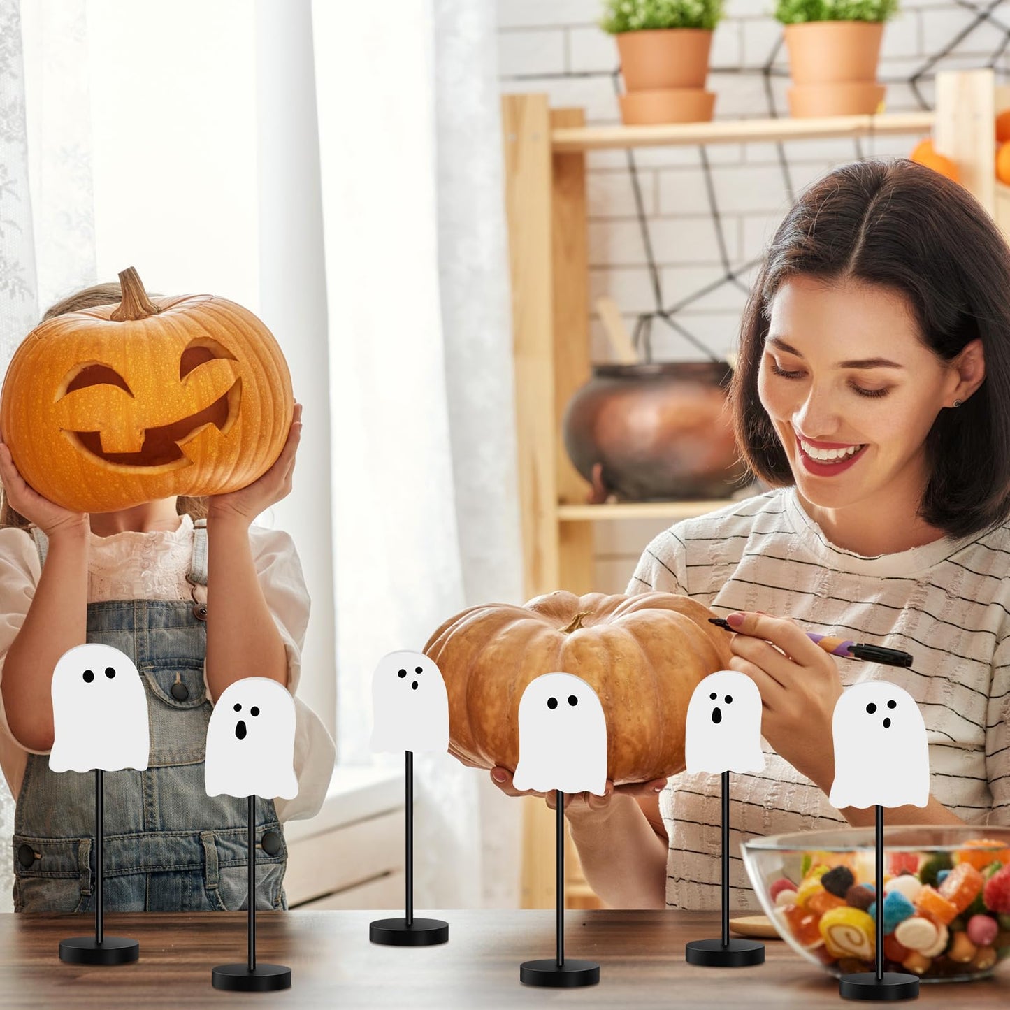 Briwooody 6 Pcs Halloween Table Decorations Cute Ghost Wooden Signs Halloween Tiered Tray Decor White Ghost Spooky Table Centerpiece Tall Block Sign for Party Home Mantel Shelf Room Decor