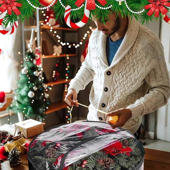 ProPik Christmas Wreath Storage Bag - 2 Pack Artificial Christmas Wreath Storage Container- Garland Holiday Wreath Storage Holder –Water Proof Transparent Clear PVC - with Handles (Black, 48 Inch)