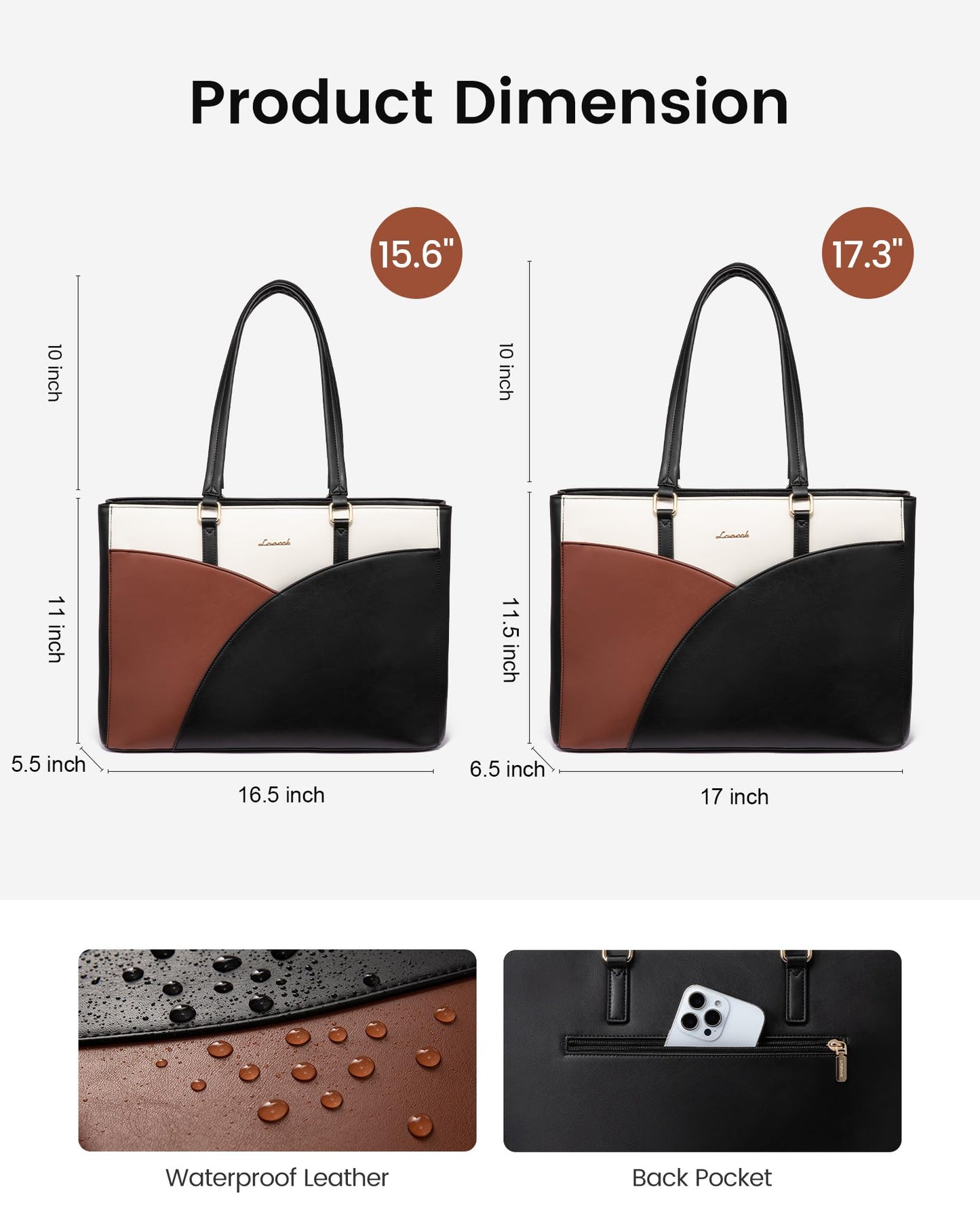 LOVEVOOK Laptop Bag for Women,15.6 Inch Work Teacher Bags Leather Tote Bag Briefcase Waterproof Computer Bag for Women,Black-White-Brown