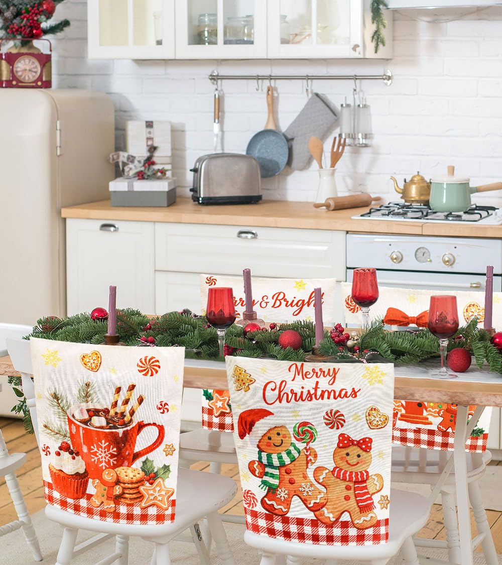 Whaline 4Pcs Christmas Chair Back Cover Red White Plaid Gingerbread Man Candy Cookie Seat Covers Dining Chair Slipcover Protector for Winter Xmas Home Kitchen Decor