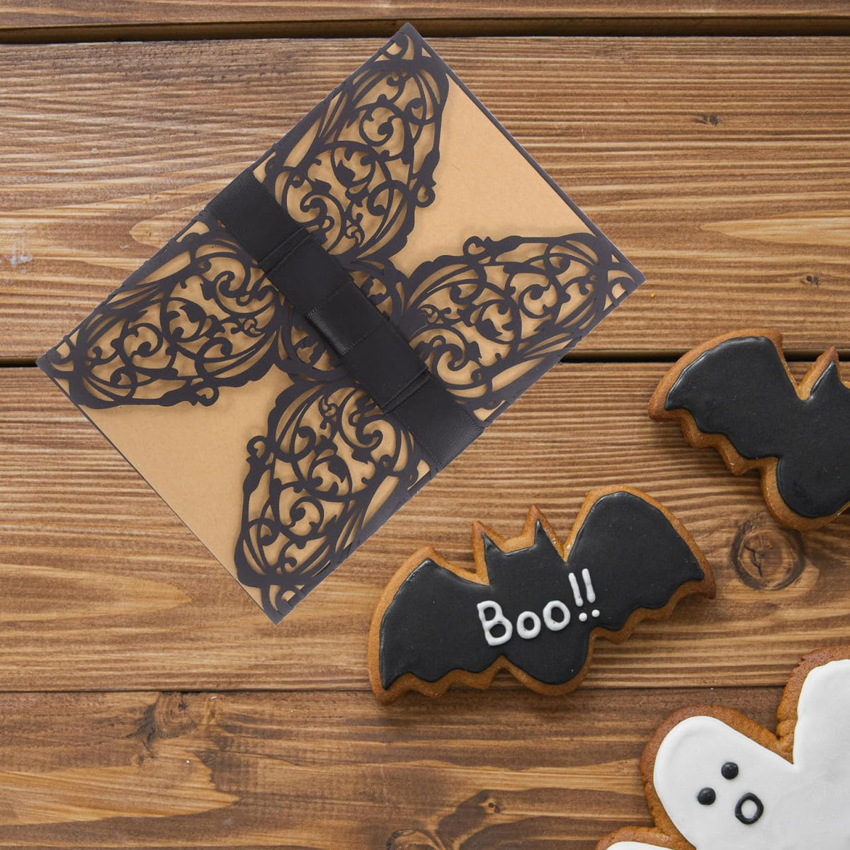 STOBOK Halloween Party Invitations - 10pcs Laser Cut Invitation Cards with Envelopes and Bowknots - Black Hollow Card Kits for Horror Party Supplies Weddings Baby Showers Event Celebrations 7.1x4.9in