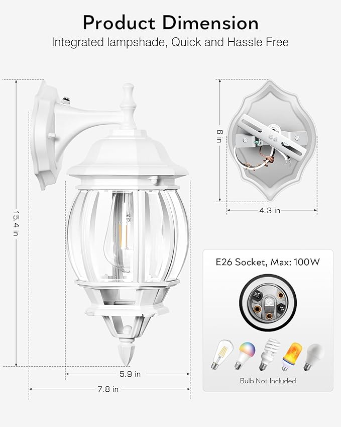 VIANIS White Porch Lights Outdoor, 2 Pack Dusk to Dawn Exterior Lighting Fixtures for House, Modern Outdoor Wall Sconce Lantern for Patio Coach, Anti-Rust Waterproof Outdoor Garage Lights Wall Mount