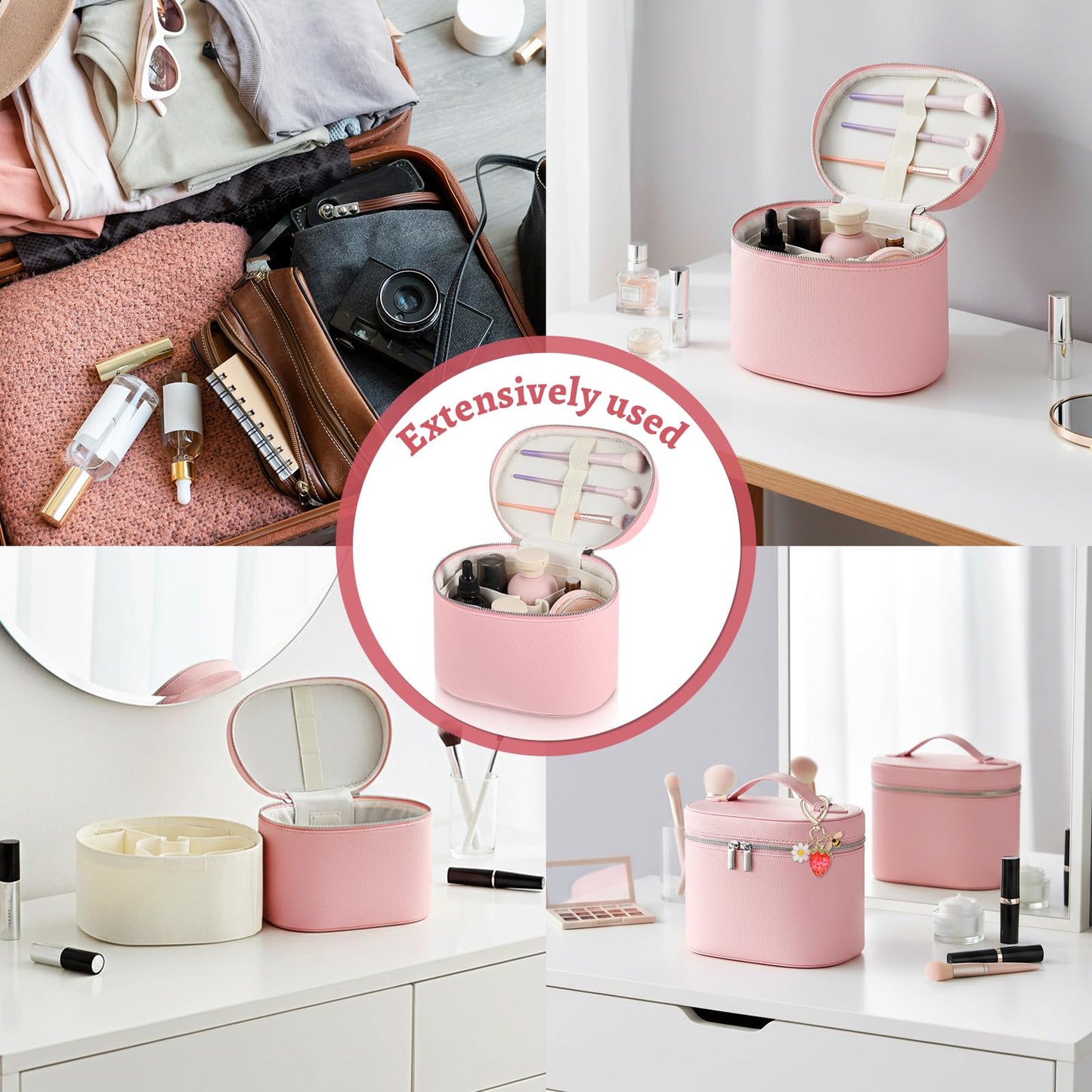 KongTiva Cosmetic Case, Leather Makeup Bag with Keychain Detachable Compartments and Handle Portable Cosmetic Organizer Bags for Women