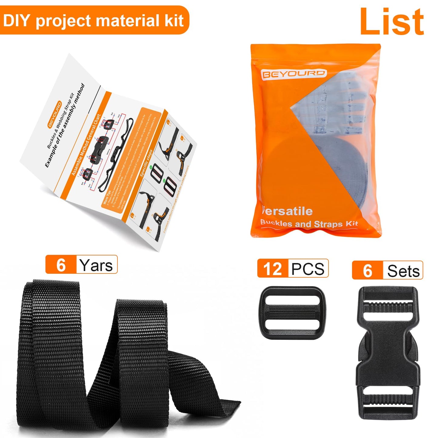 BEYOURD Buckles and Straps Set 1": 6 Yards of Thick Nylon Webbing, 6-Pack Heavy Duty Adjustable Quick Side Release Plastic Buckles, 12 Tri-Glide Slide Clips, Black (1-Inch Combo Set)